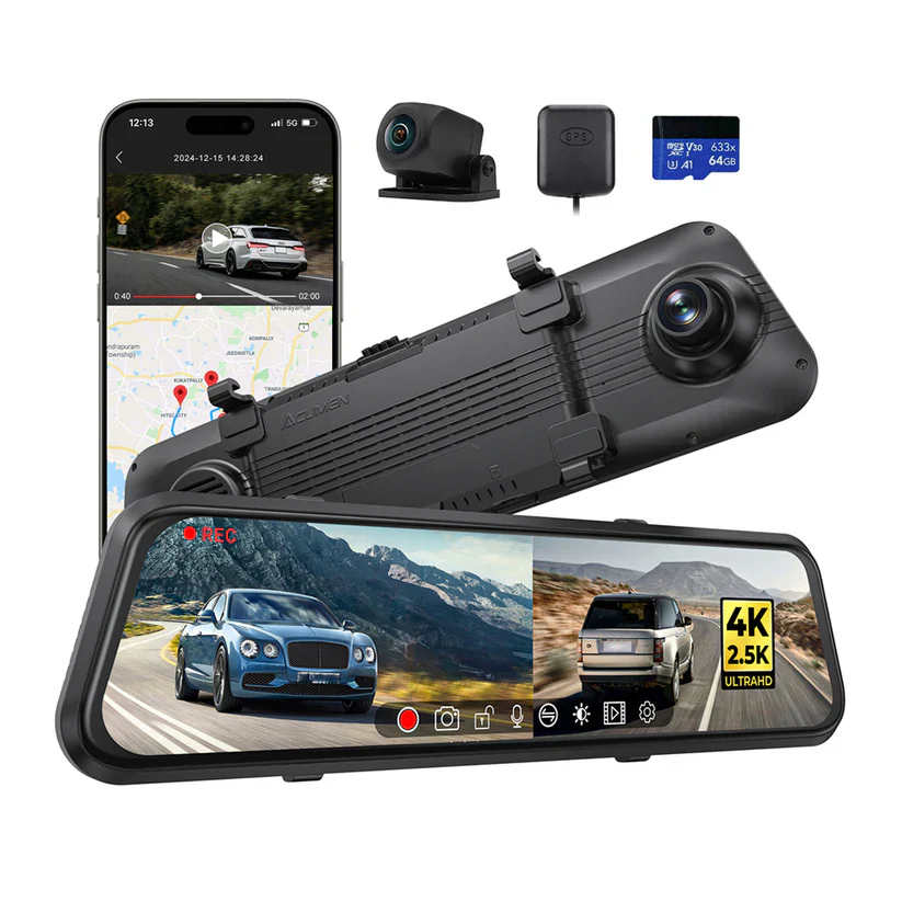 M4 2ch Mirror Dash Cam with 4K Front and 2.5K Rear Cameras, 12