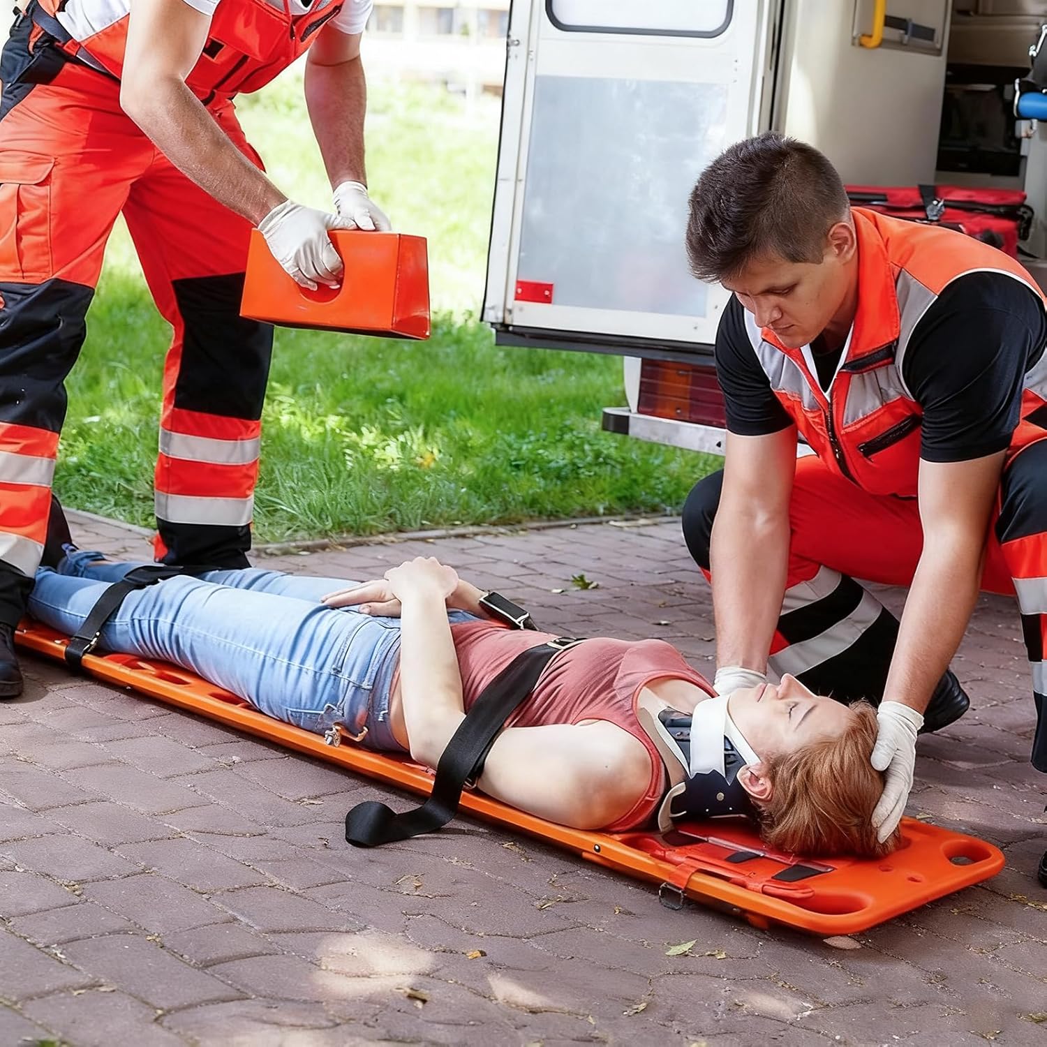 Water Floating Stretcher, PE Two-Fold Stretcher Weight Capacity 350lbs/159KG, Plastic Emergency Rescue Spine Board, Life Board with Seat Belt, First Responder Backboard