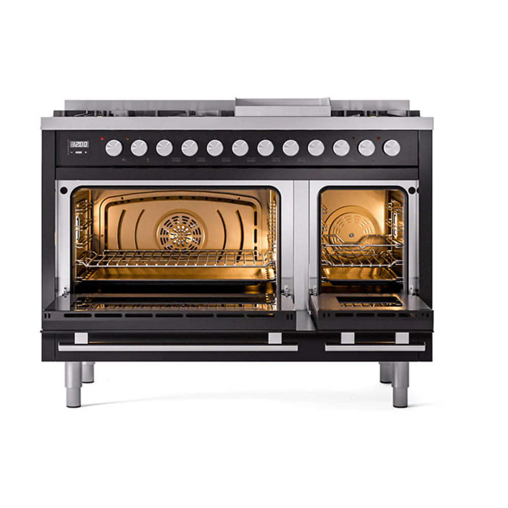 ILVE 48-Inch Professional Plus II Dual Fuel Range with 8 Burners, Griddle, and Solid Door Oven in Glossy Black (UP48FQMPBK)