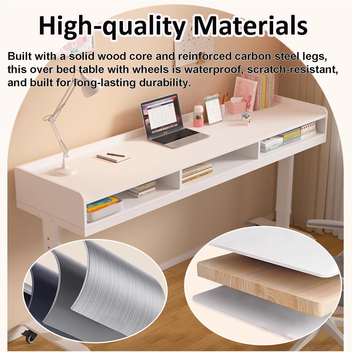 Height Adjustable Over Bed Table with Drawer & 3-Side Guard Rails, Over The Bed Table with Wheels, Rolling Over Bed Desk, Laptop Workstation for Bedroom, Living Room, Office, Hospital