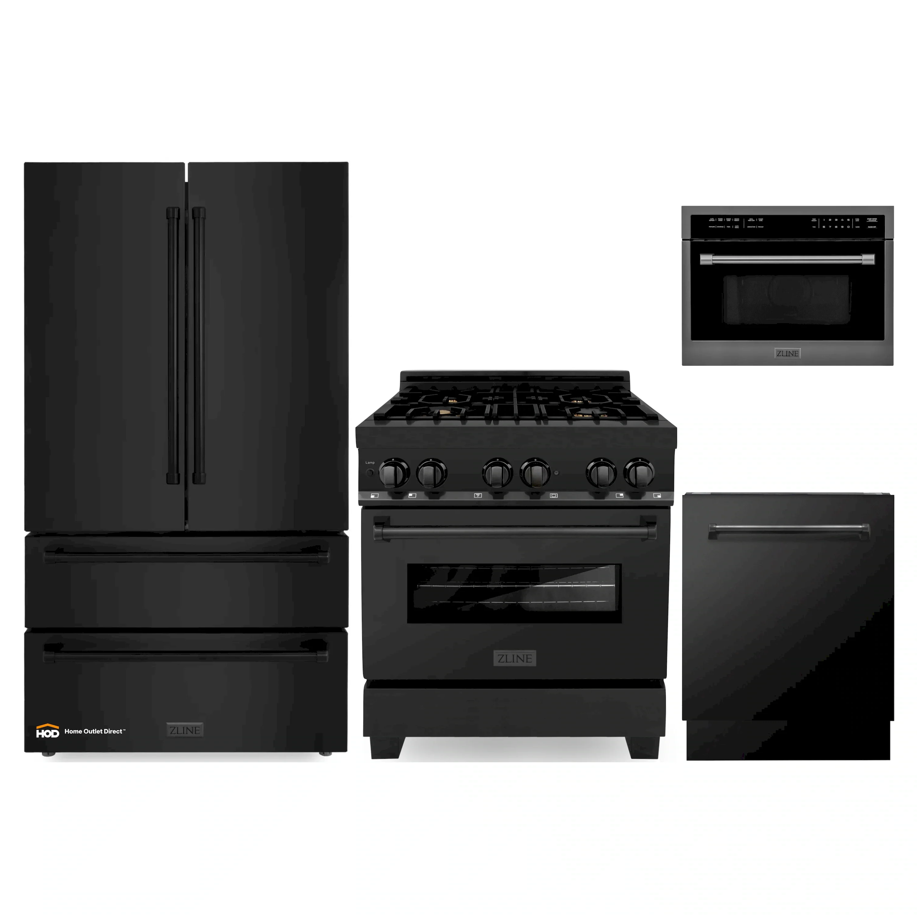 ZLINE 4-Piece Appliance Package - 30-Inch Dual Fuel Range, Refrigerator, Microwave Oven, and 3-Rack Dishwasher in Black Stainless Steel