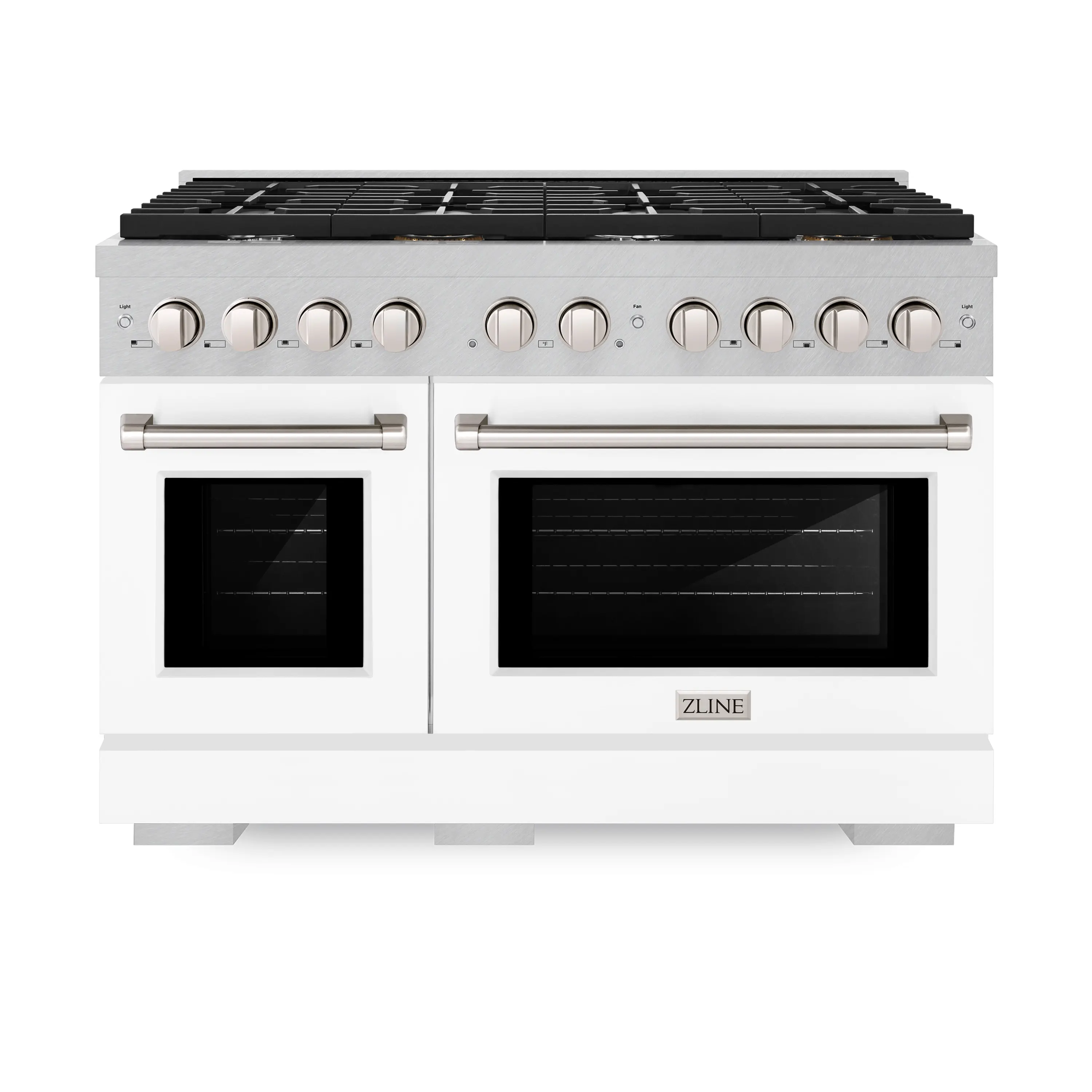 ZLINE 48-Inch 6.7 cu. ft. Paramount Double Oven Dual Fuel Range with 8 Burner Gas Cooktop in Satin Stainless Steel with White Matte Doors (SDRS-WM-48)