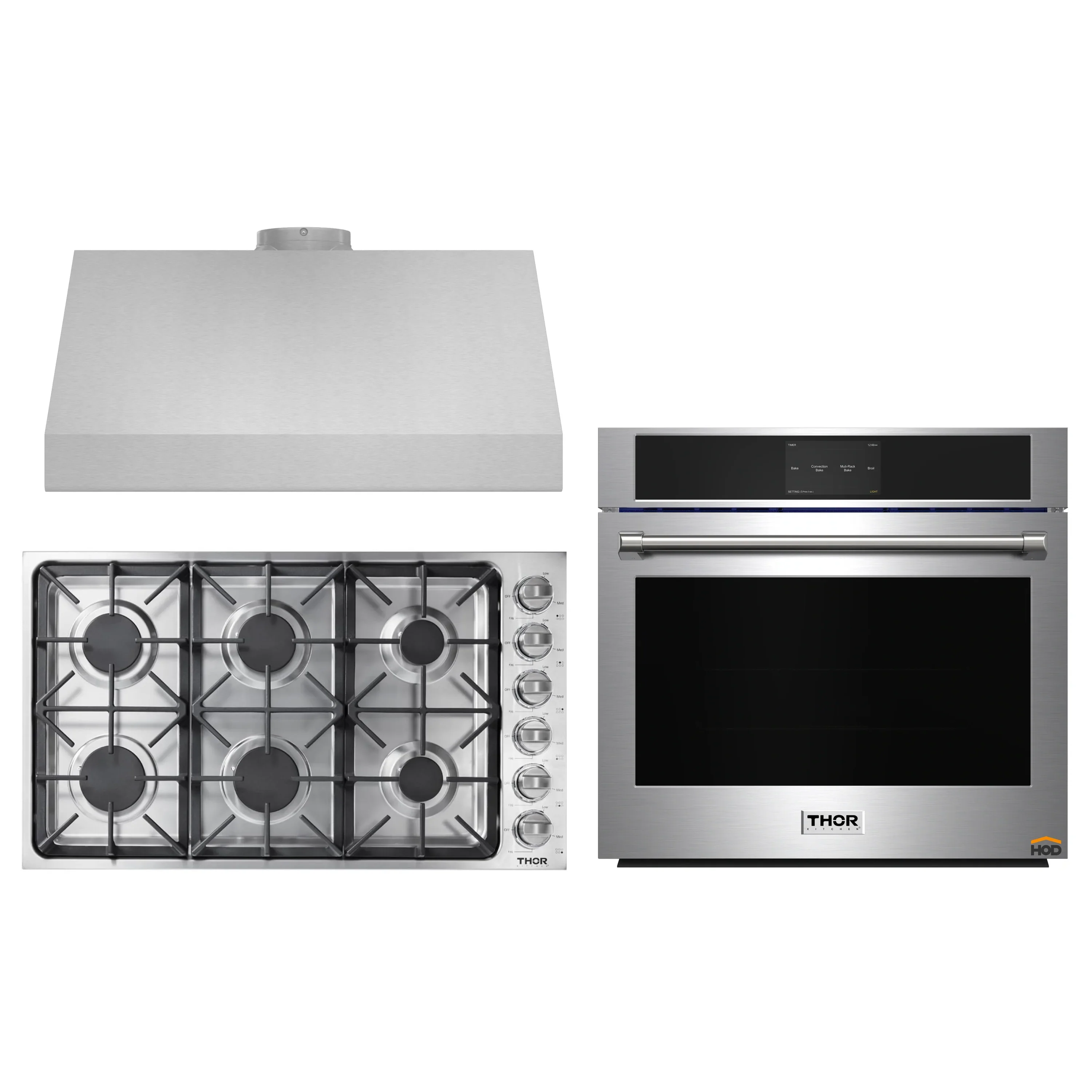 Thor Kitchen 3-Piece Pro Appliance Package - 36-Inch Gas Cooktop, Electric Wall Oven & Under Cabinet Hood in Stainless Steel