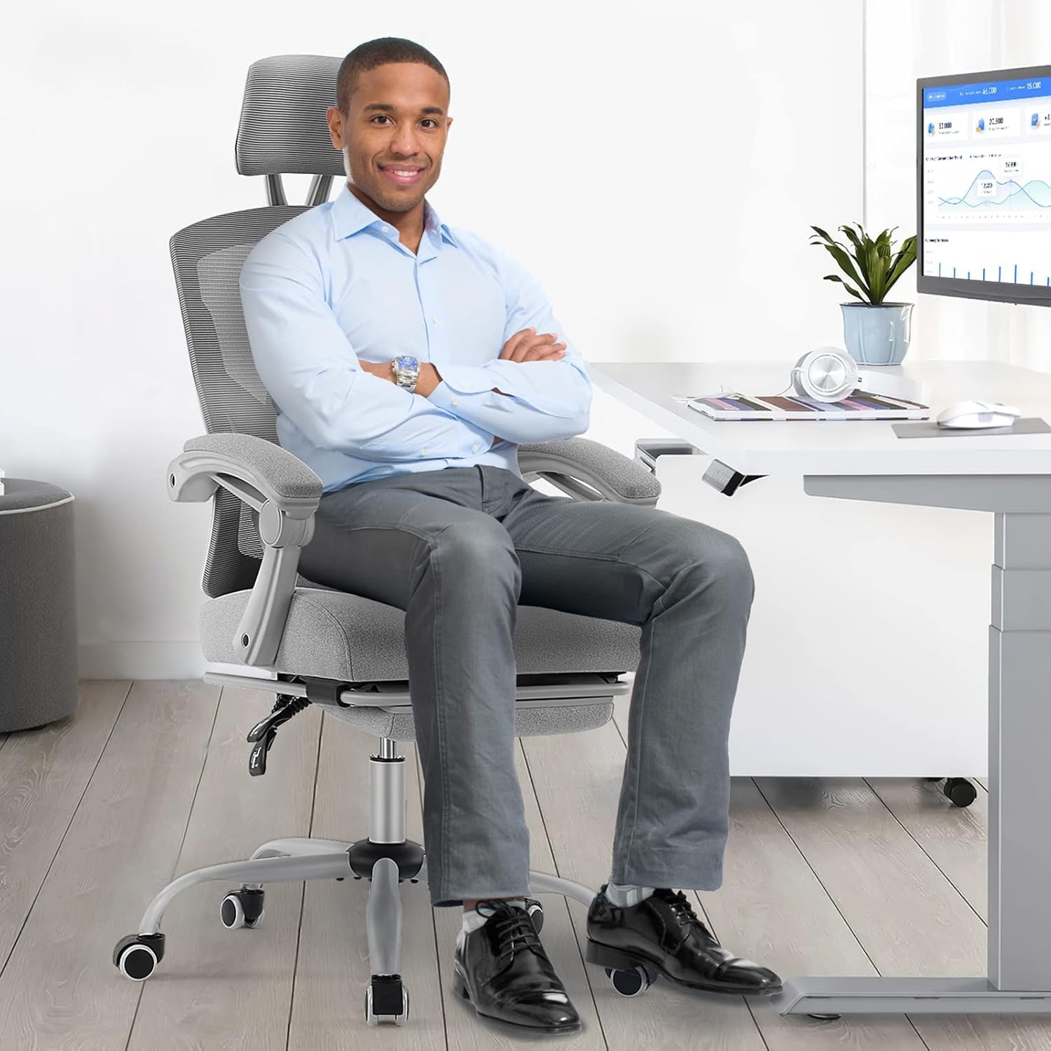 Simple Deluxe Home Office Desk Chair with Footrest, High-Back Mesh Rolling Swivel Reclining Chairs with Wheels, Comfortable Headrest, Lumbar Support, Comfy Arms