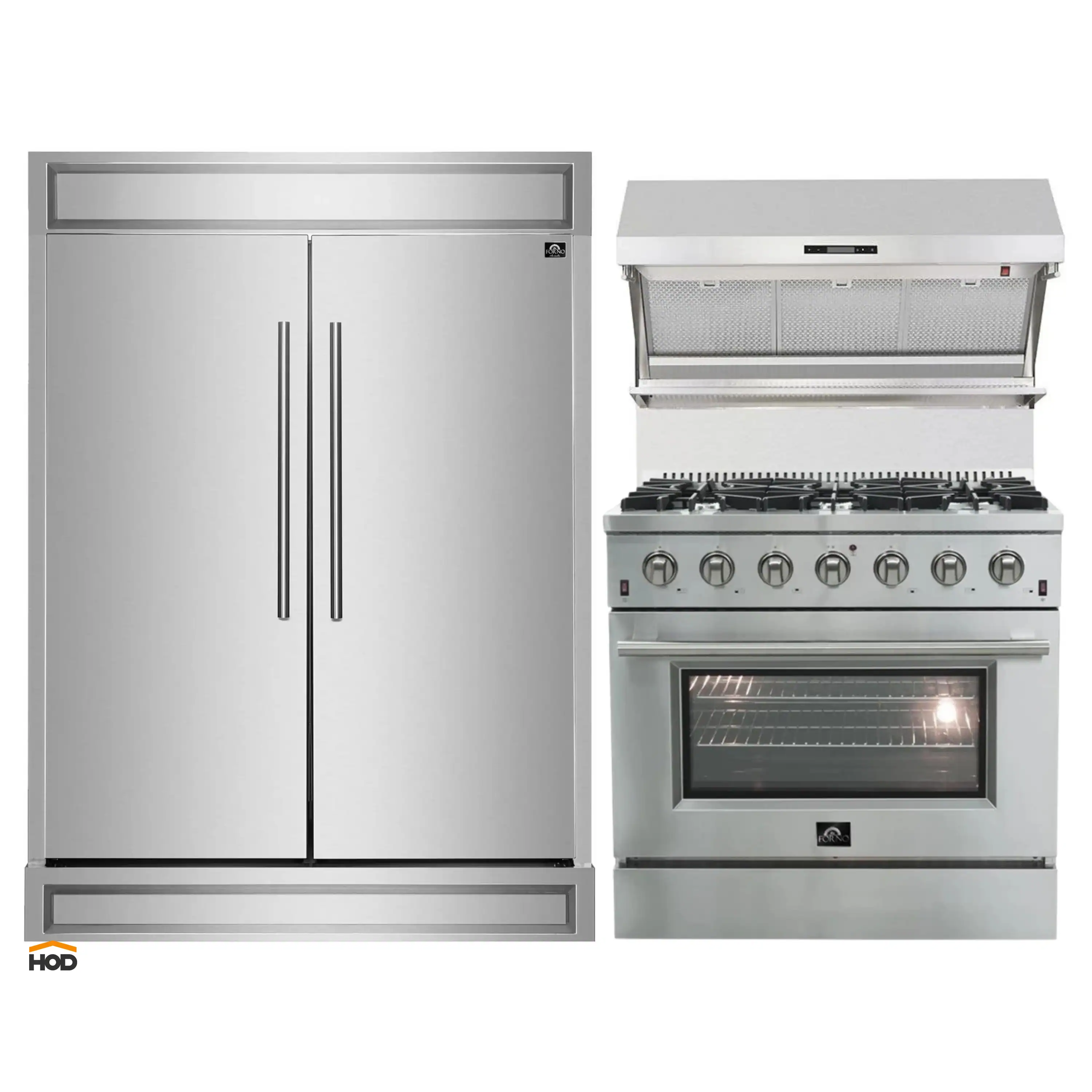 Forno 3-Piece Appliance Package - 36-Inch Gas Range, Refrigerator, & Wall Mount Hood with Backsplash in Stainless Steel