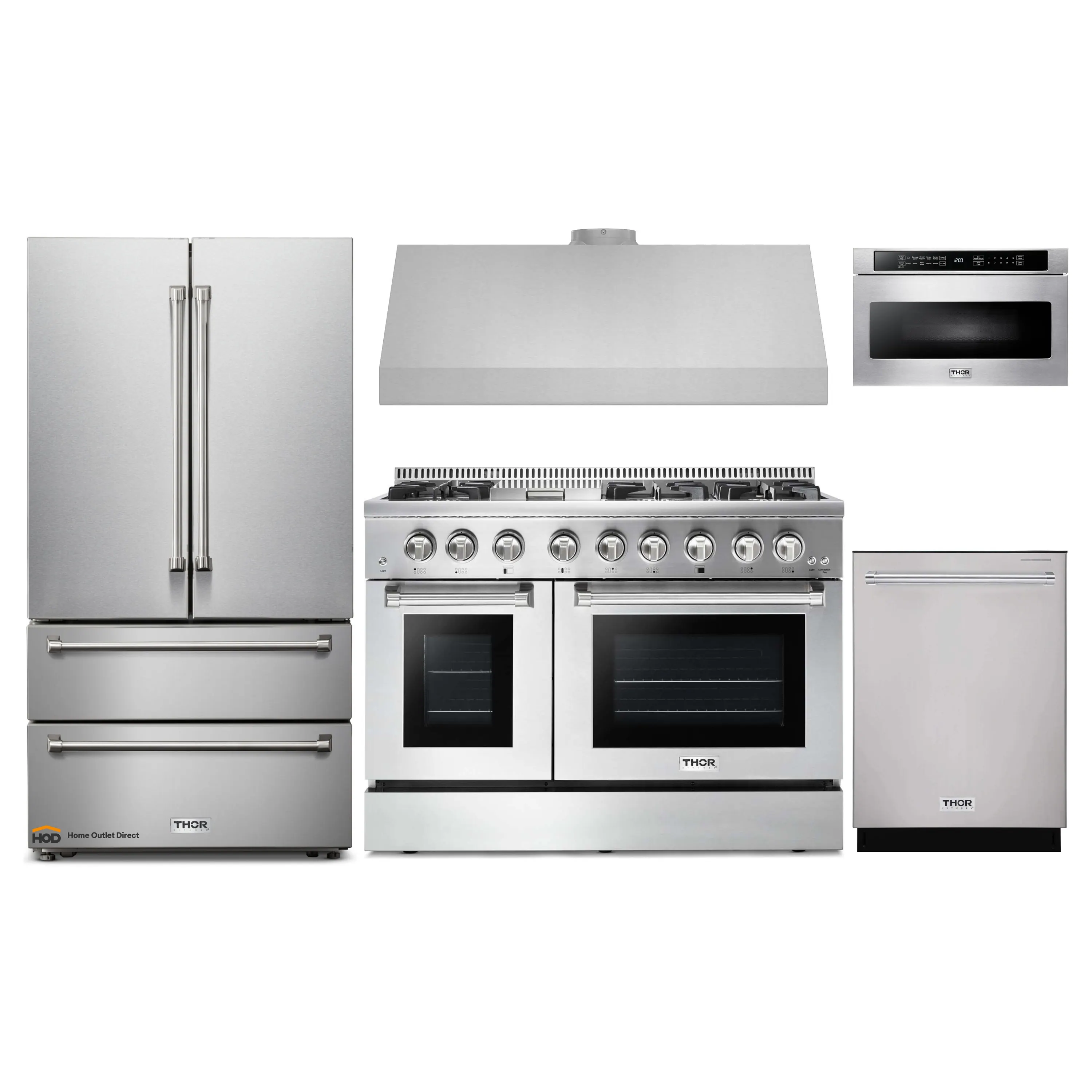 Thor Kitchen 5-Piece Pro Appliance Package - 48-Inch Dual Fuel Range, French Door Refrigerator, Dishwasher, Under Cabinet 11-Inch Tall Hood, and Microwave Drawer in Stainless Steel