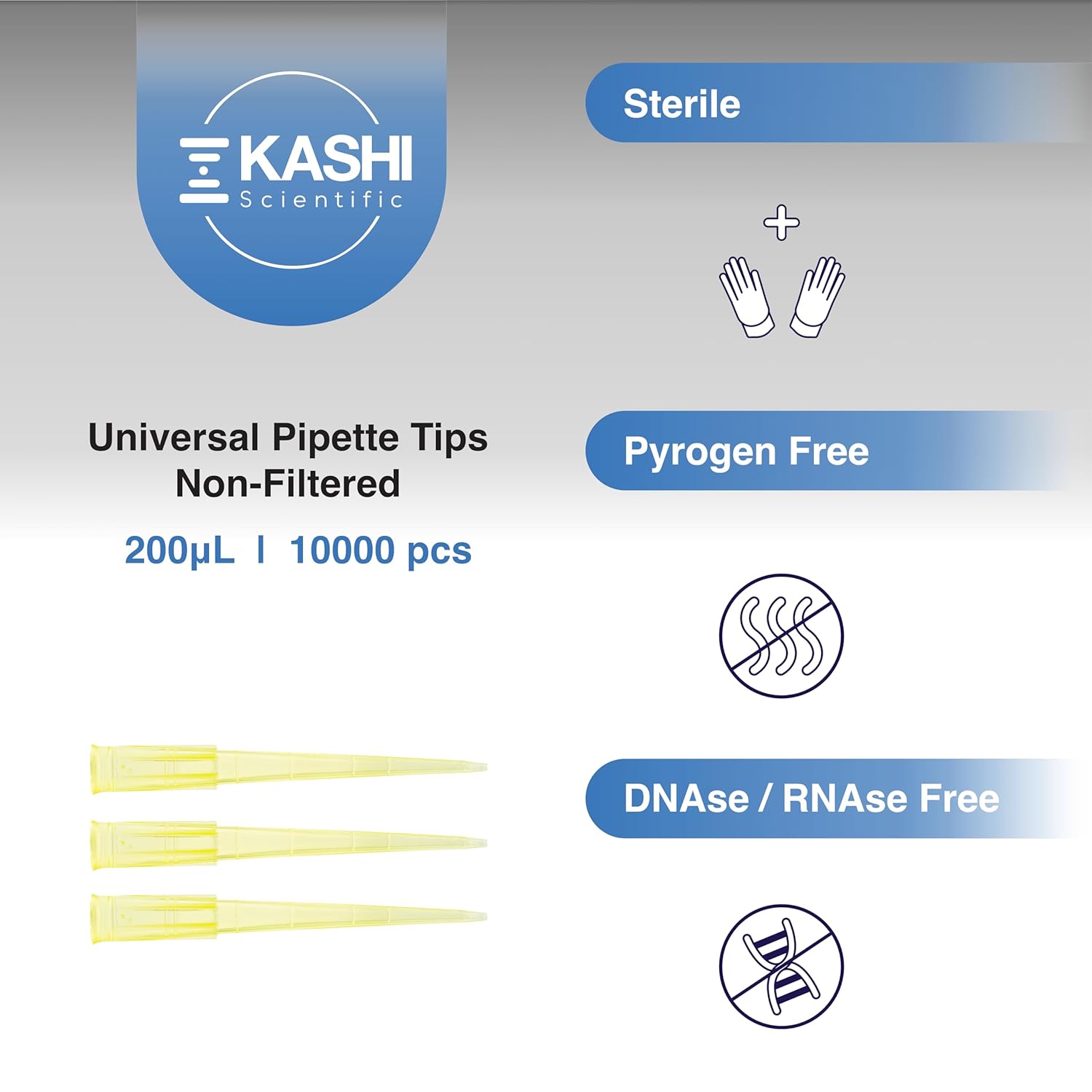 Kashi Scientific 200uL Universal Non-Filter Pipette Tips, Sterile Low Binding Yellow Pipet Tips with Graduation, DNase/RNase Free [200uL, 10,000pcs]