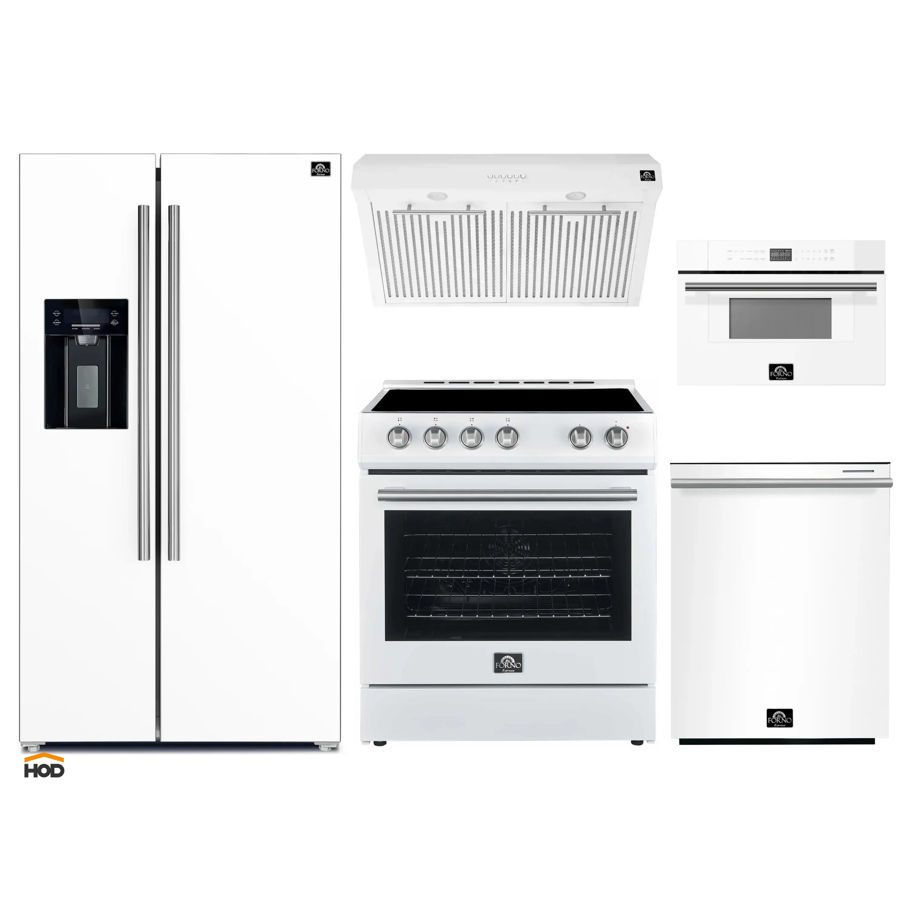Forno 5-Piece Appliance Package - 30-Inch Electric Range, Under Cabinet Range Hood, Refrigerator with Water Dispenser, Dishwasher, and 30-Inch Microwave Drawer in White with Stainless Steel Trim