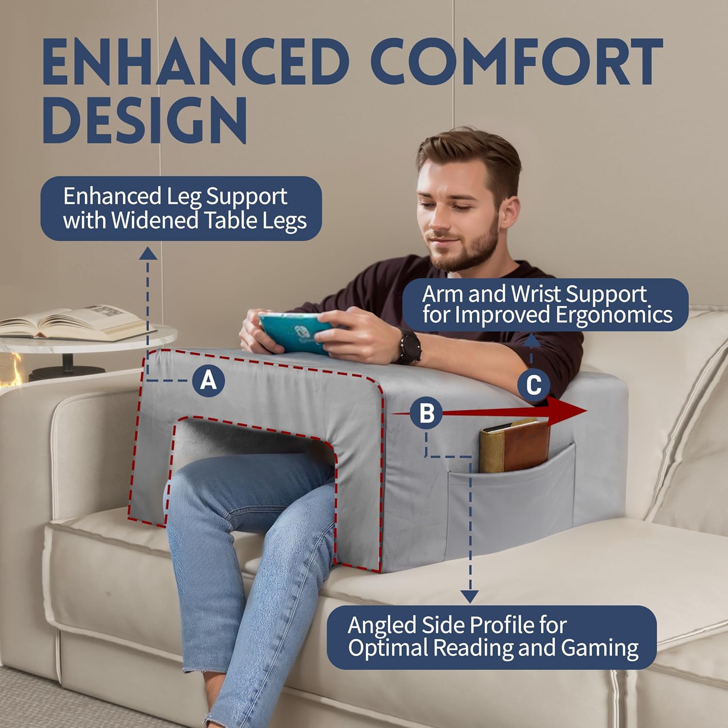Johnear Reading Pillow with Armrest for Adult Gaming Lap Desk Pillow, with Back Cushion Arm Support Pads for Sitting in Bed Rest Floor Couch Working or Crocheting