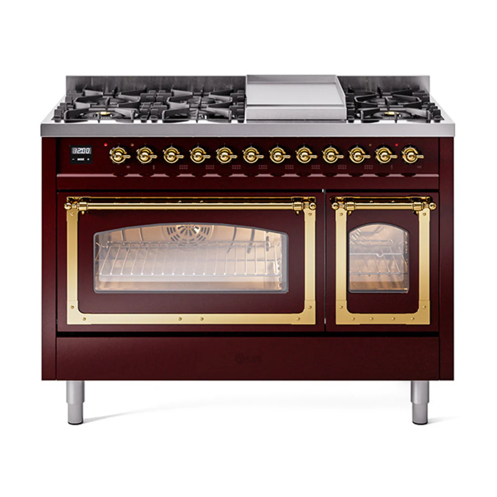 ILVE Nostalgie II Noblesse 48-Inch Dual Fuel Freestanding Range in Burgundy with Brass Trim (UN48FNMPBUG)