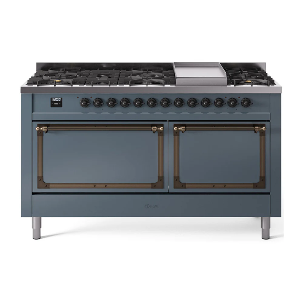 ILVE 60-Inch Nostalgie II Noblesse Dual Fuel Range with 9 Sealed Burners, Griddle, and Solid Door Oven in Blue Grey with Bronze Trim (UN60FQNMPBGB)