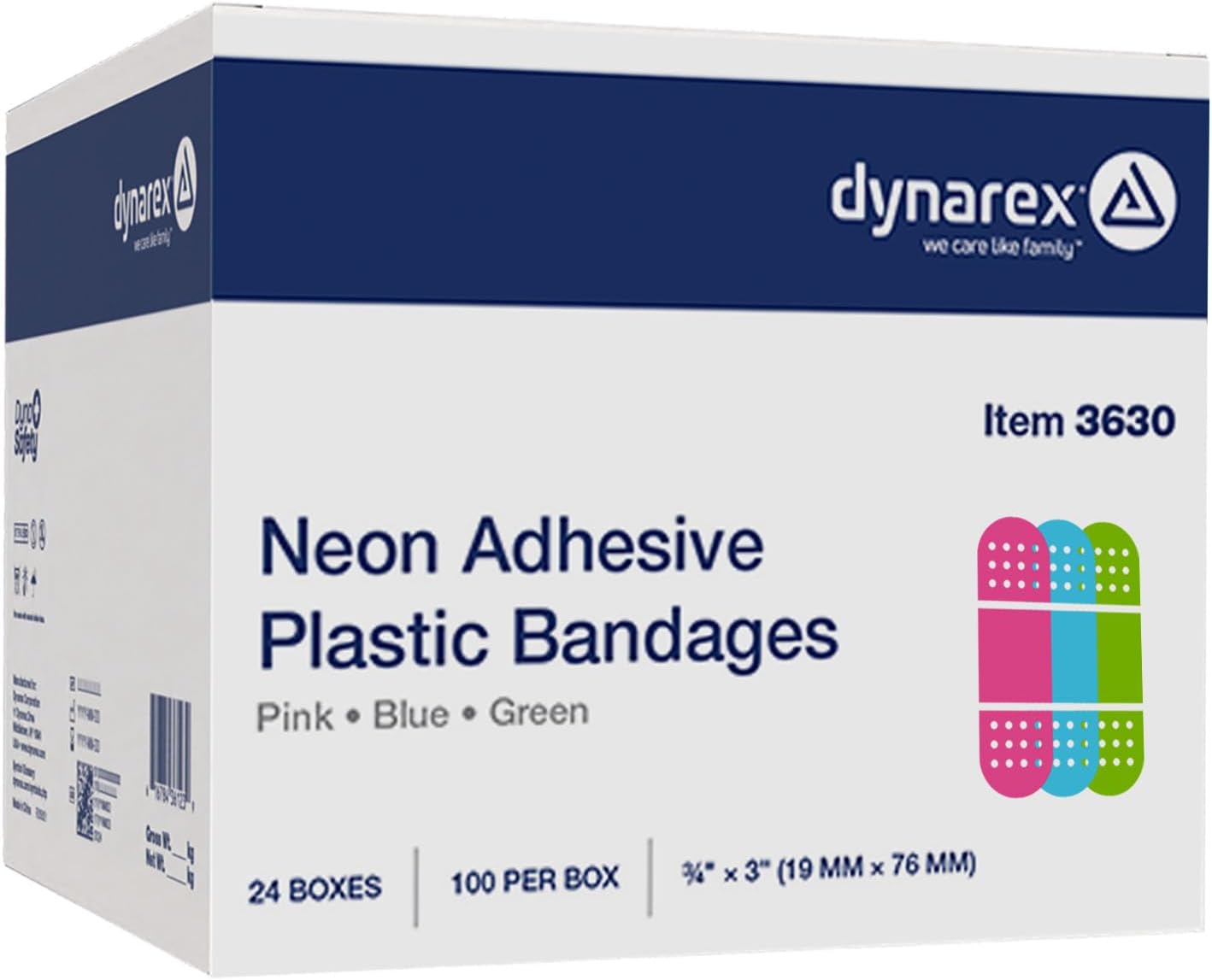 Dynarex Neon Colorful Plastic Adhesive Bandages - Blue, Green, Pink - Water-Resistant and Sterile, Non-Stick Pad First Aid - 3/4