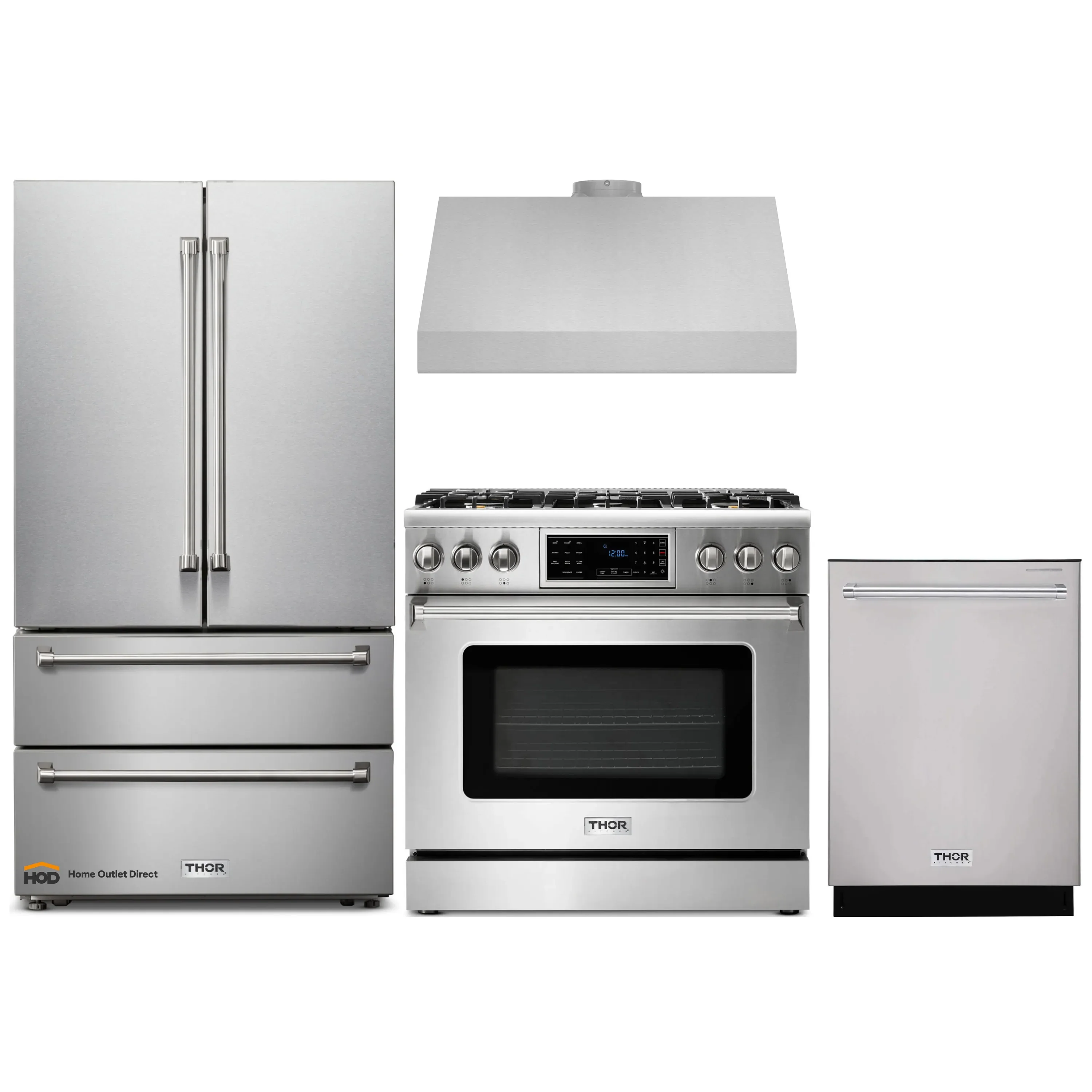 Thor Kitchen 4-Piece Appliance Package - 36-Inch Gas Range with Tilt Panel, French Door Refrigerator, Under Cabinet Hood and Dishwasher in Stainless Steel