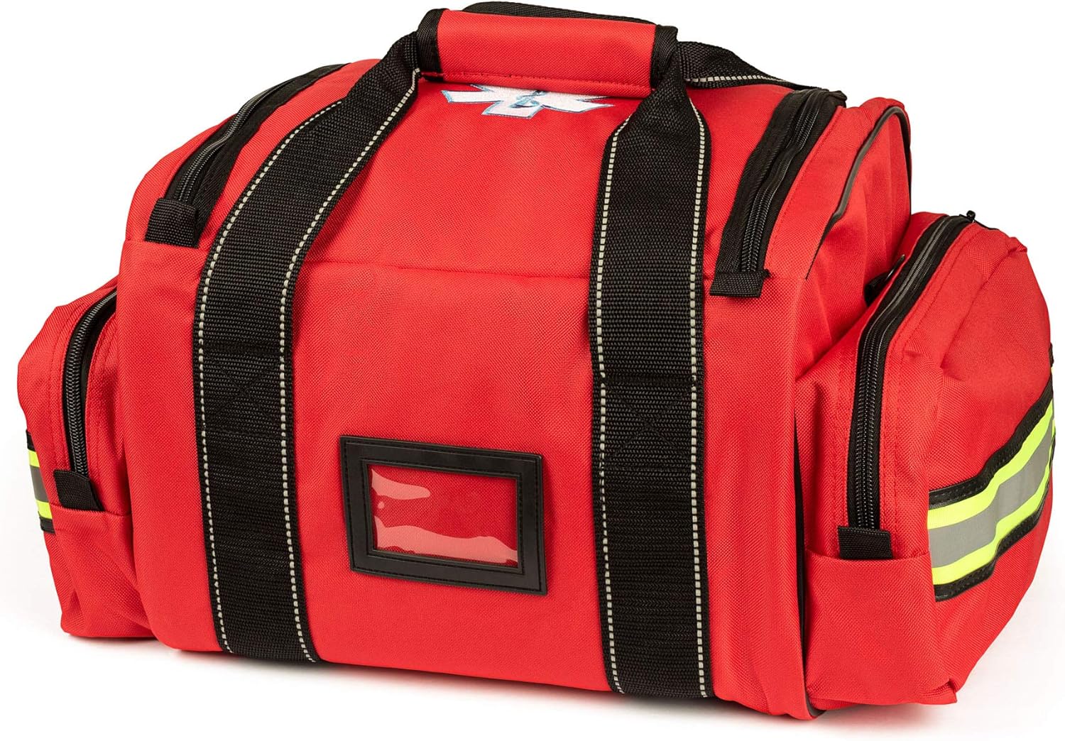 Scherber First Responder Fully-Stocked Large Professional Essentials EMT/EMS Trauma Kit | HSA/FSA Approved | Reflective Bag w/8 Zippered Pockets & Compartments & 250+ First Aid Supplies (Red)