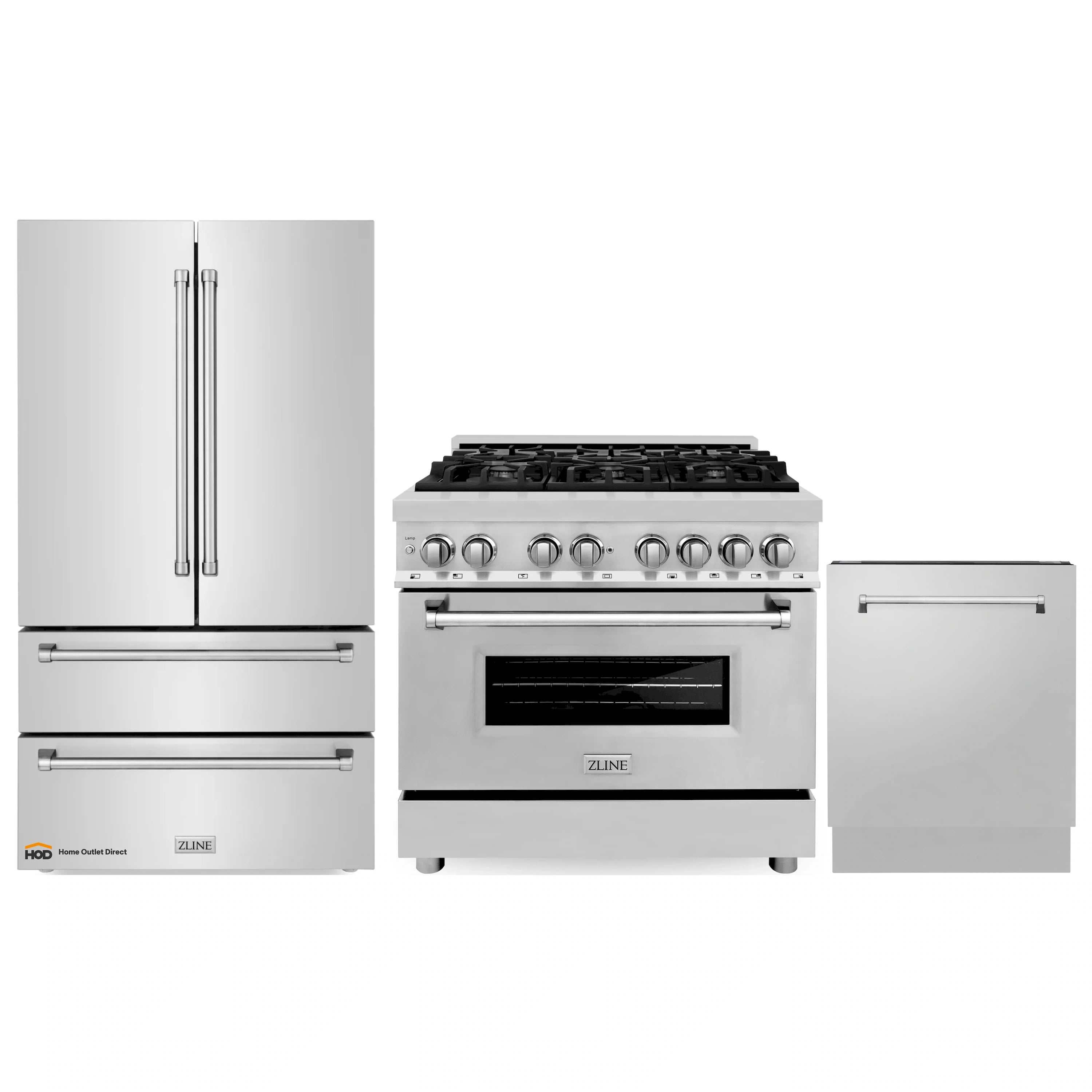 ZLINE 3-Piece Appliance Package - 36-Inch Dual Fuel Range, Refrigerator, and 3-Rack Dishwasher in Stainless Steel