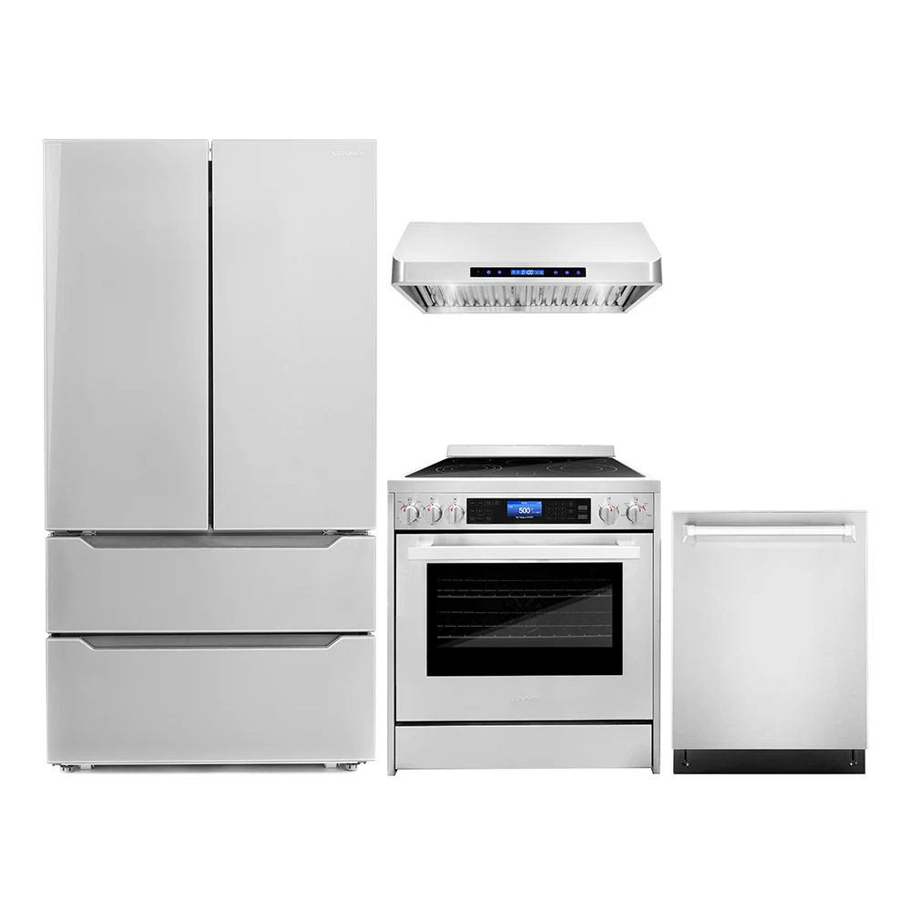 Cosmo 4-Piece Appliance Package - 30-Inch Single Oven Electric Range, Under Cabinet Range Hood, Dishwasher, and Refrigerator in Stainless Steel (COS-4PKG-011)