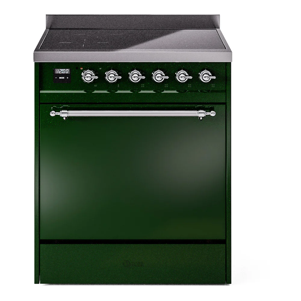 ILVE 30-Inch Nostalgie II Induction Range with Solid Door Oven in Emerald Green with Chrome Trim (UPI304QNMPEGC)