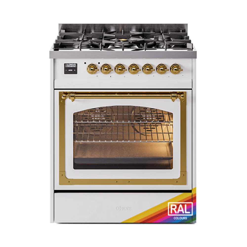 ILVE Nostalgie II Noblesse 30-Inch Dual Fuel Range with Triple Glass Door in RAL with Brass Trim (UN30NMPRAG)
