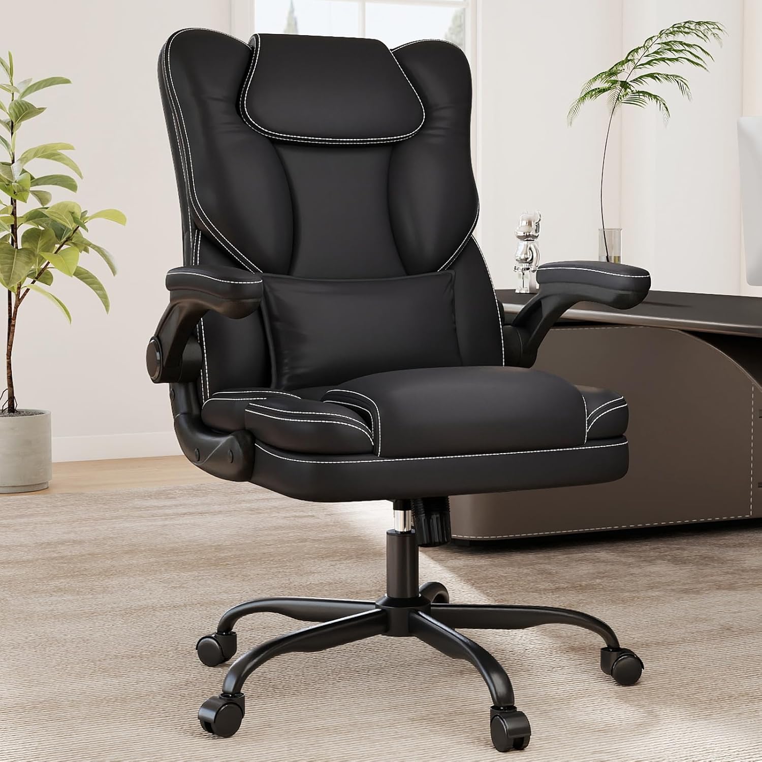 Ergonomic Office Chair with Flip-up Armrests 300lbs,Middle-Tall Computer Office Desk Chair with Lumbar Support,Executive Leather Chair with Rocking Function Adjustable Height for Home Office