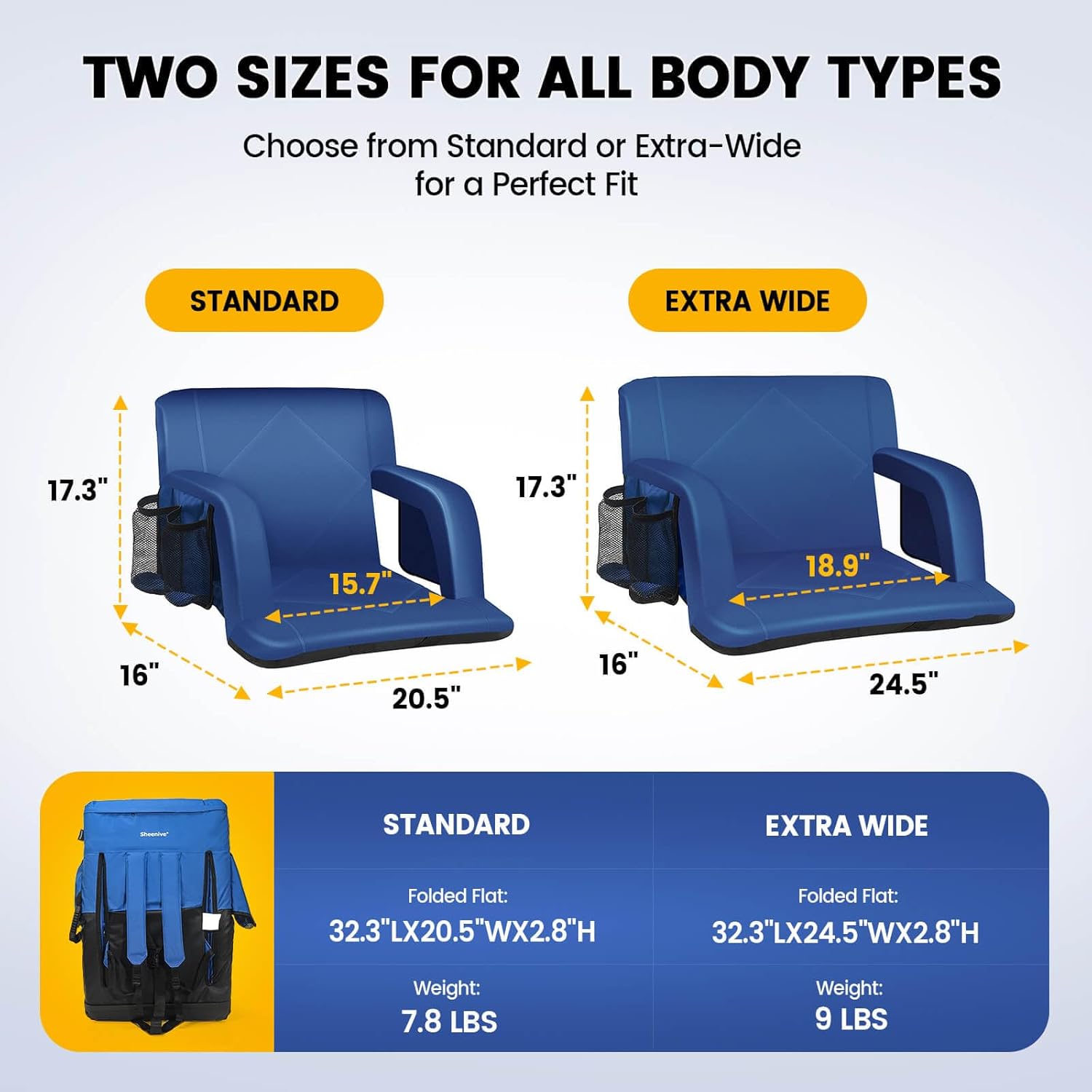 Sheenive Stadium Seat with Back Support Padded Bleacher Chairs with Back and Cushion, Portable Folding Bleacher Seat with Armrest, 6 Reclining Positions, Large Stadium Seat with Cup Holders & Pockets