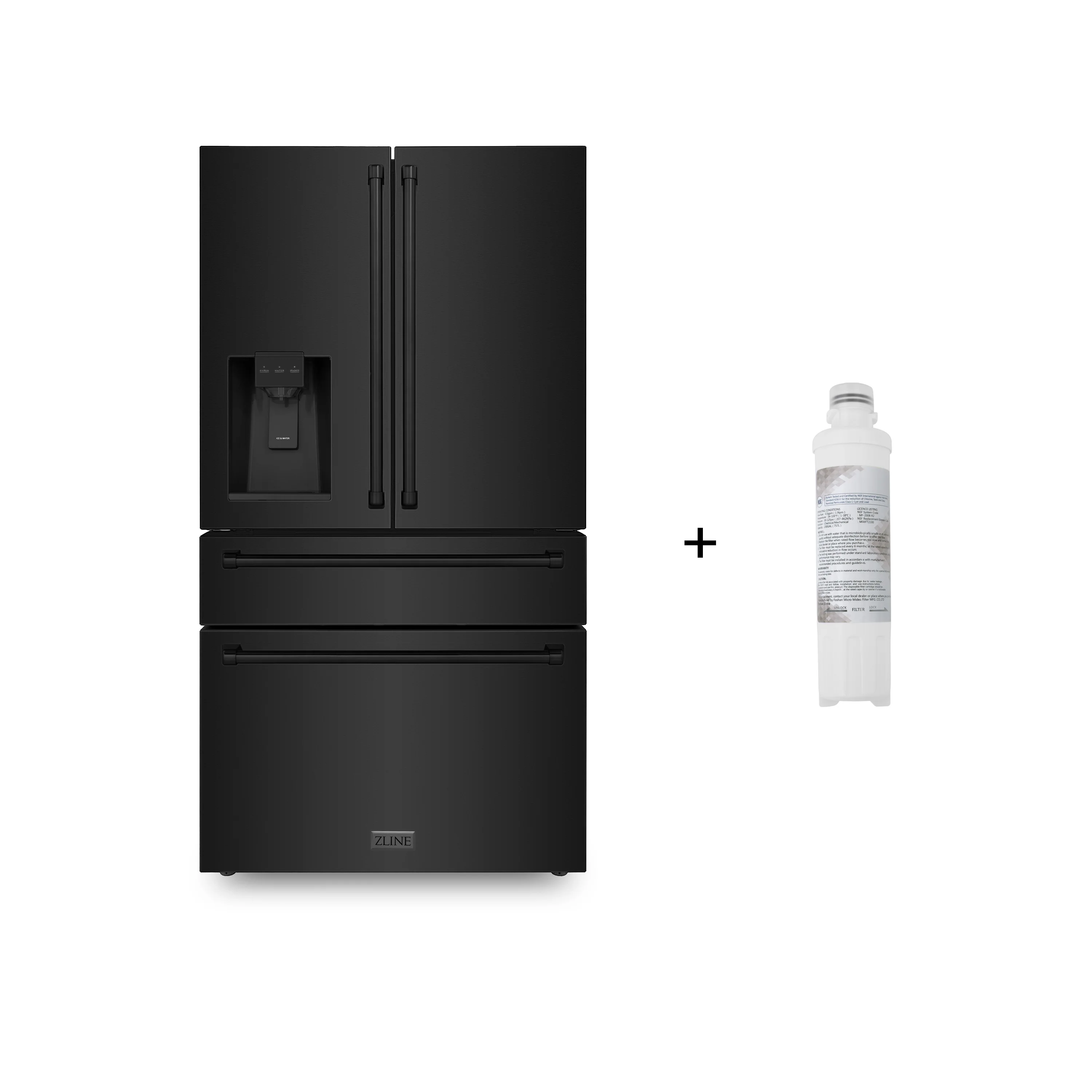 ZLINE 36-Inch 21.6 cu. ft. 4-Door French Door Refrigerator with Water and Ice Dispenser and Water Filter in Fingerprint Resistant Black Stainless Steel (RFM-W-WF-36-BS)