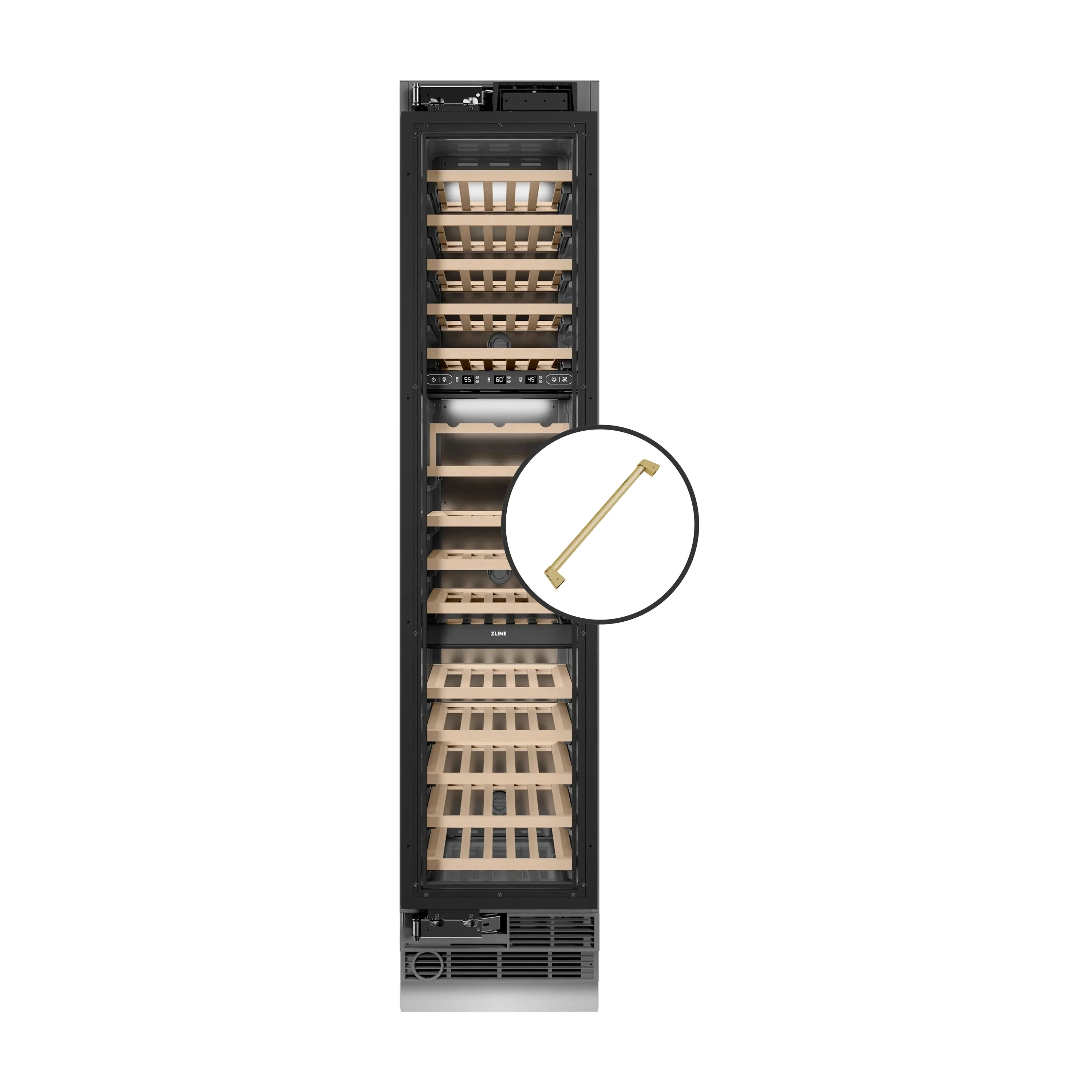 ZLINE Autograph Edition 18-Inch 9.0 Cu. Ft. Triple Zone 68 Bottle Panel Ready Left Hinge Column Wine Cooler with Champagne Bronze Accents (RBCWVLZ-18-CB)