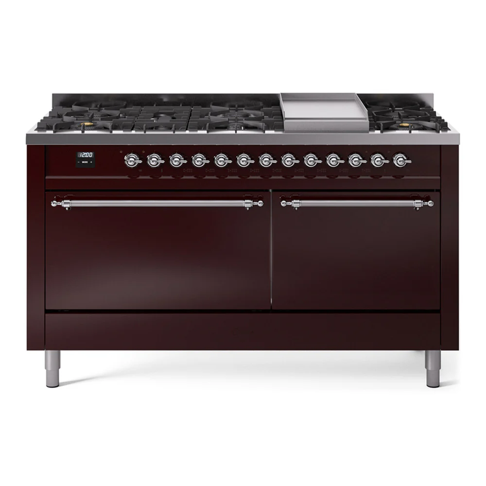 ILVE 60-Inch Nostalgie II Dual Fuel Range with 9 Burners, Griddle and Solid Door Oven in Burgundy with Chrome Trim (UP60FQNMPBUC)
