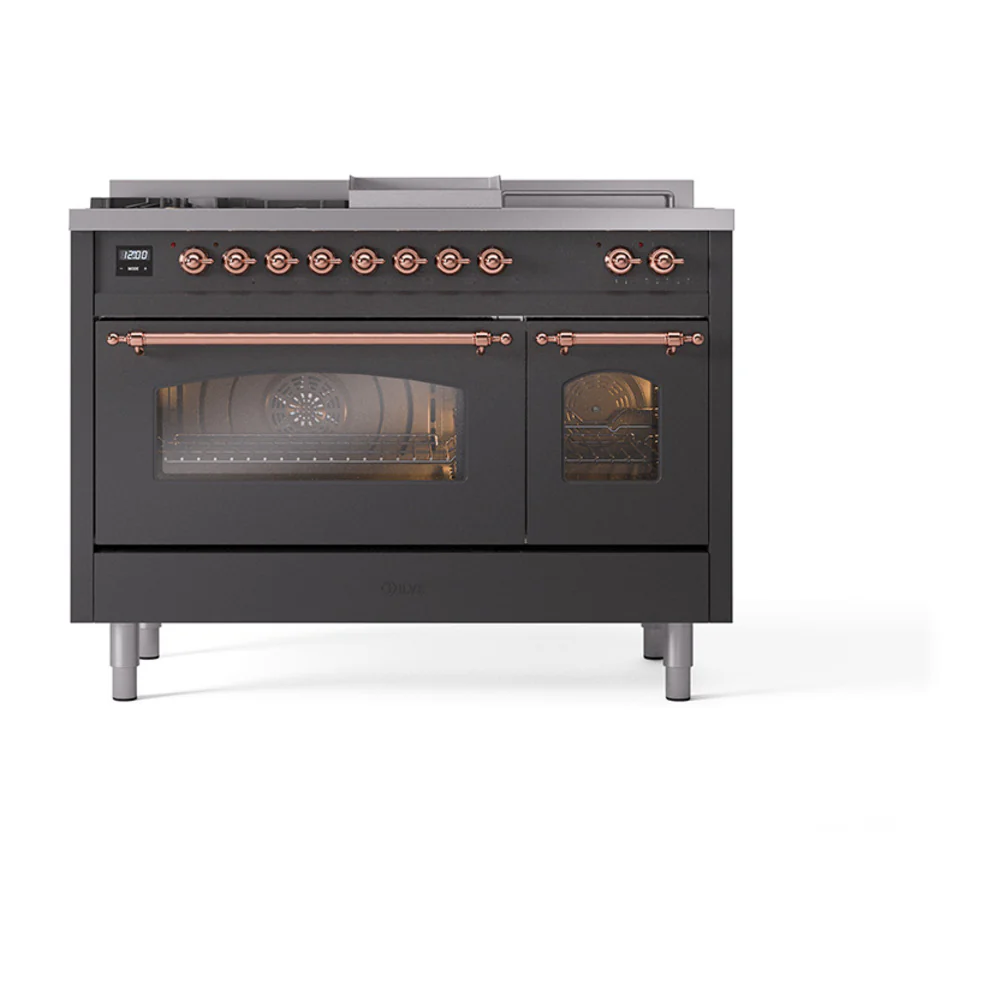 ILVE Nostalgie II 48-Inch Dual Fuel Range with 5 Burners, Griddle, & French Top with Triple Glass Door Oven in Matte Graphite with Copper Trim (UP48FSNMPMGP)