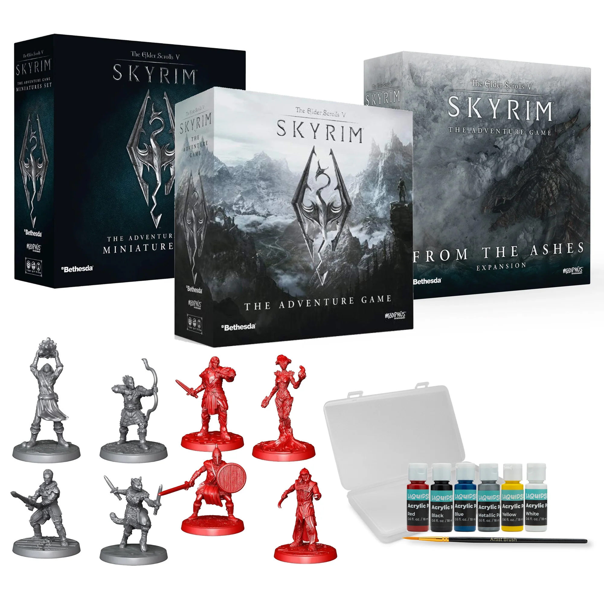 Modiphius Skyrim Board Game Bundle with Ashes Expansion and Miniatures Paint Set