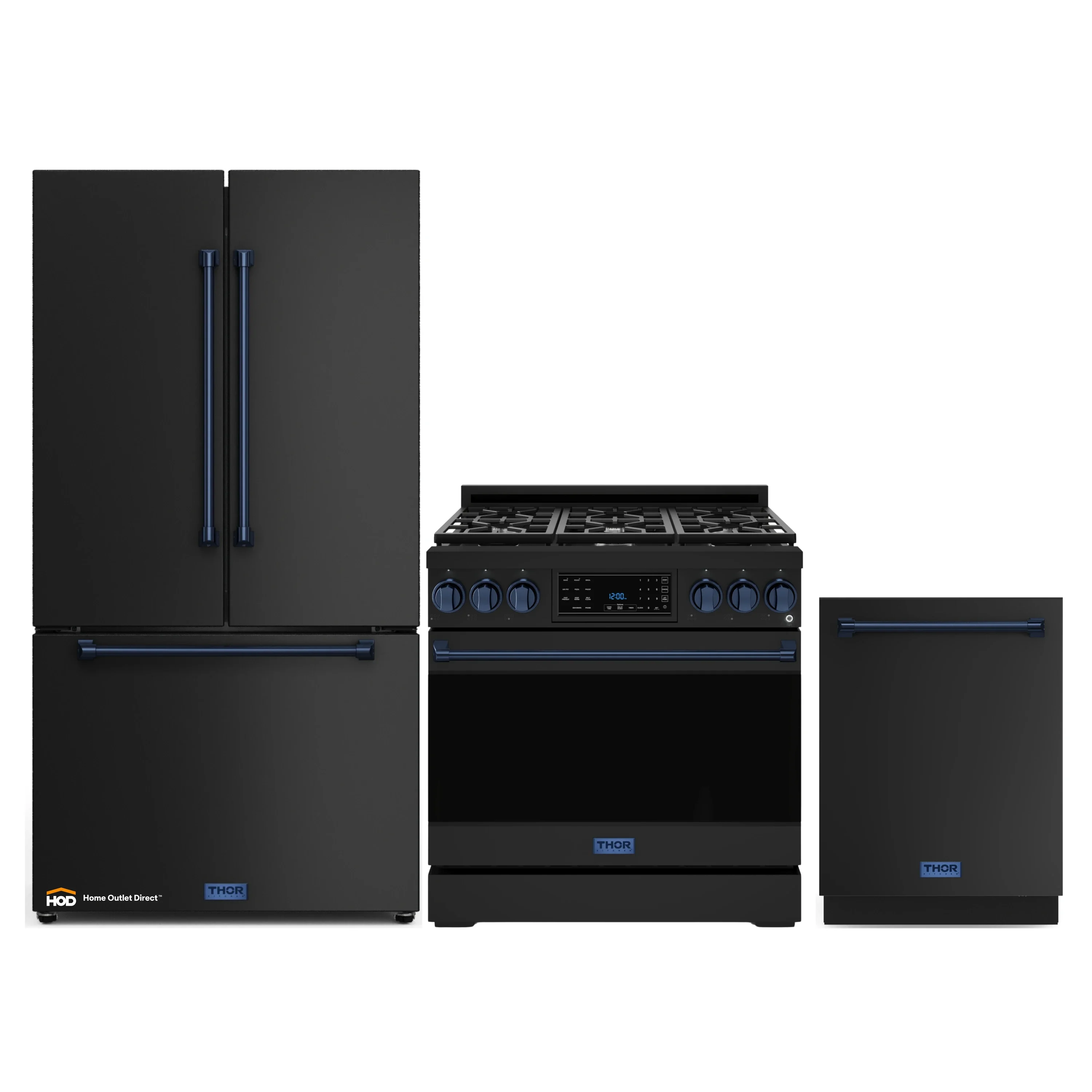 Gordon Ramsay by Thor Kitchen 3-Piece Appliance Package - 36-Inch Gas Range with Tilt Panel, 36-Inch Refrigerator, and Dishwasher in Black with Blue Trim
