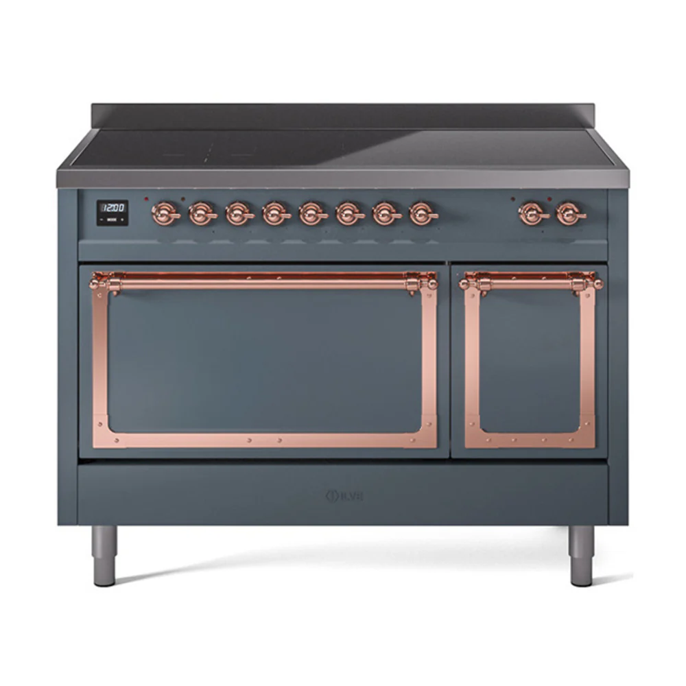 ILVE Nostalgie II Noblesse 48-Inch Induction Range with Solid Door Oven in Blue Grey with Copper Trim (UNI486QNMPBGP)