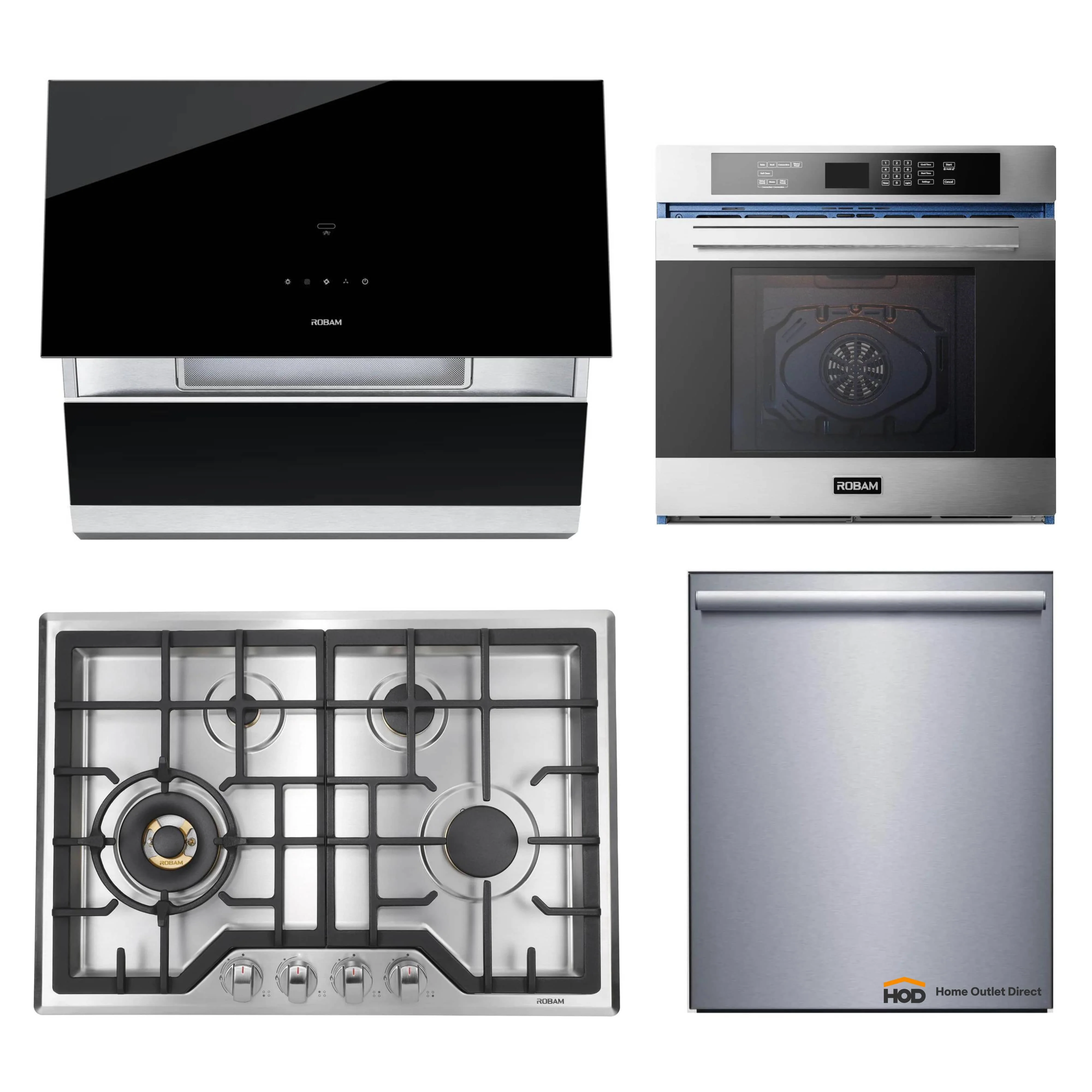 ROBAM 4-Piece Appliance Package - 30-Inch 4 Burners Gas Cooktop, Under Cabinet/Wall Mounted Range Hood, Dishwasher and Wall Oven in Stainless Steel
