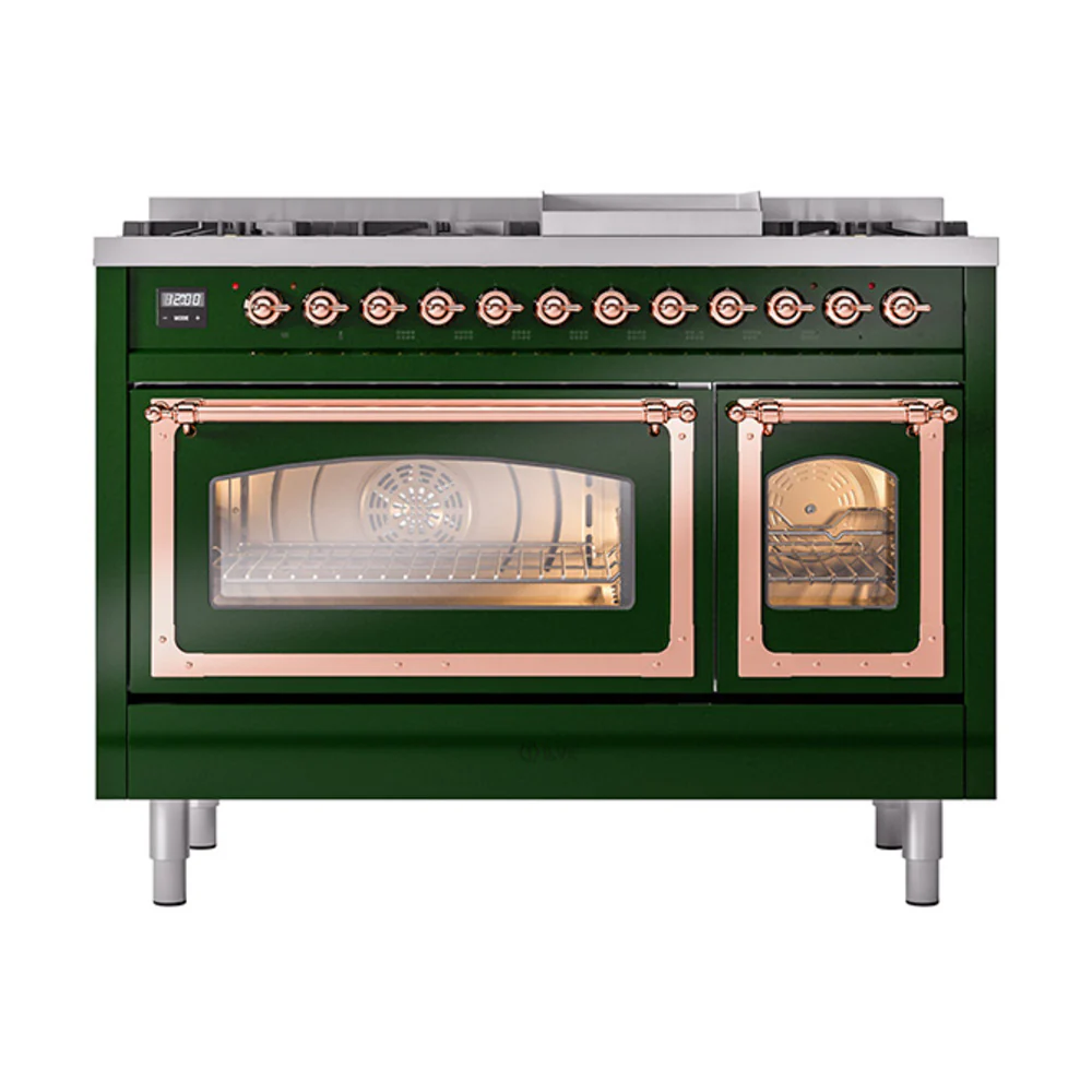 ILVE Nostalgie II Noblesse 48-Inch Dual Fuel Freestanding Range in Emerald Green with Copper Trim (UN48FNMPEGP)
