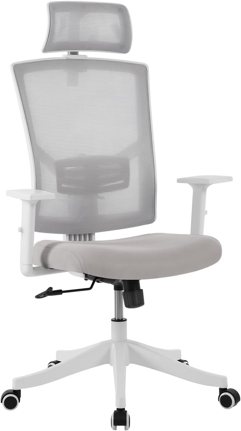 Ergonomic Mesh Chair, Reclining Computer Chair with Adjustable Headrest, Lumbar Support and Space-Saving Arms, for Desk Work, Gaming, White Frame/Gray Mesh