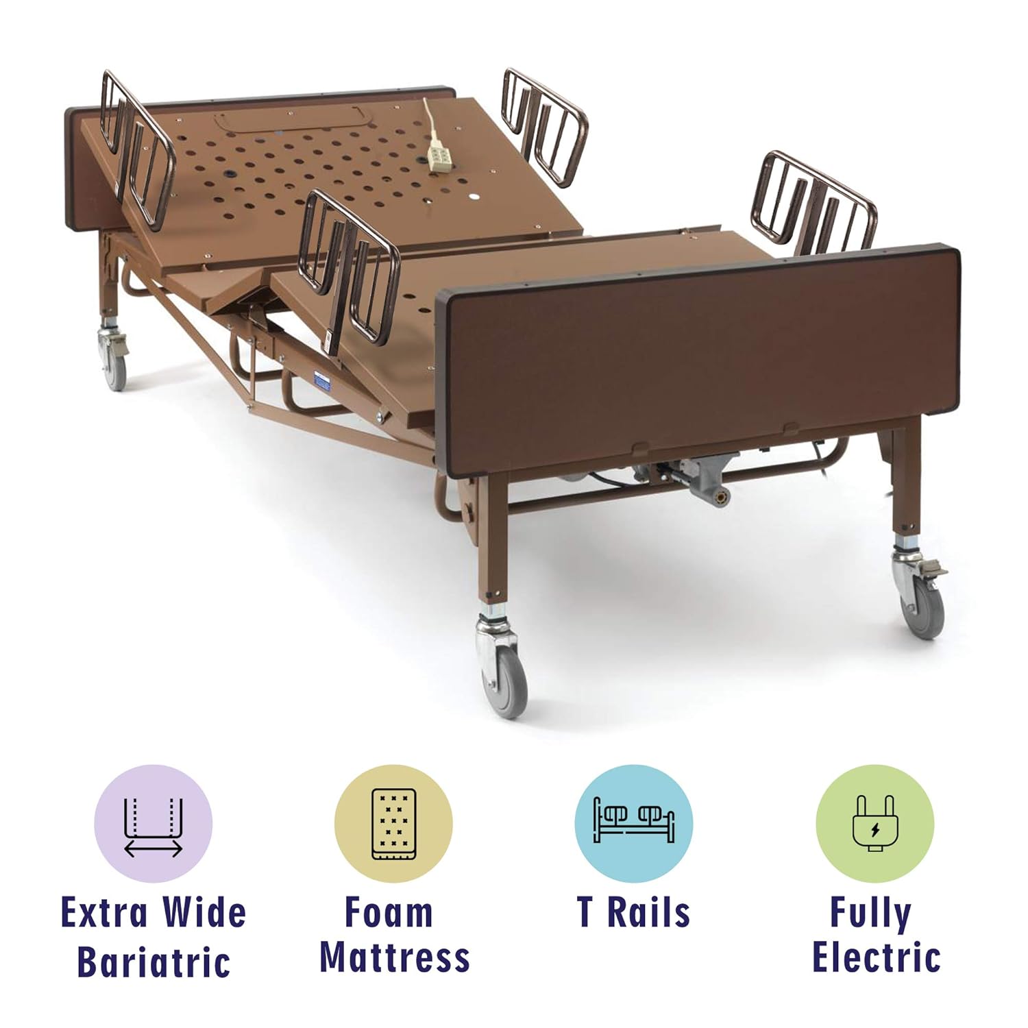 Full Electric Bariatric Hospital Bed with Foam Mattress and T-Rails Included - Extra Wide, Heavy Duty - 80” x 42”, 600 lb Weight Capacity - for Home Care and Medical Facilities