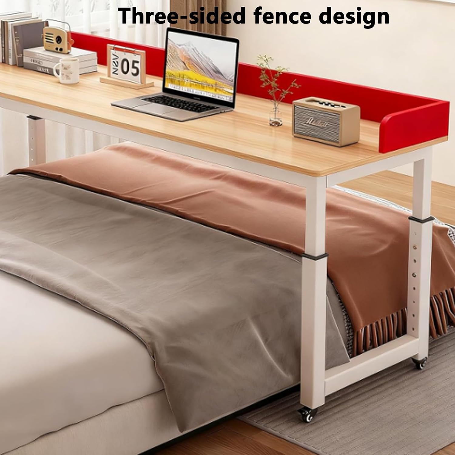 Adjustable Height Overbed Table with Wheels, Standing Mobile Over Bed Tables, Rolling Over The Bed Tables with Baffles, Computer Desk Overbed Desk for Bedroom(White,L120xW50cm/47.2x19.6in)