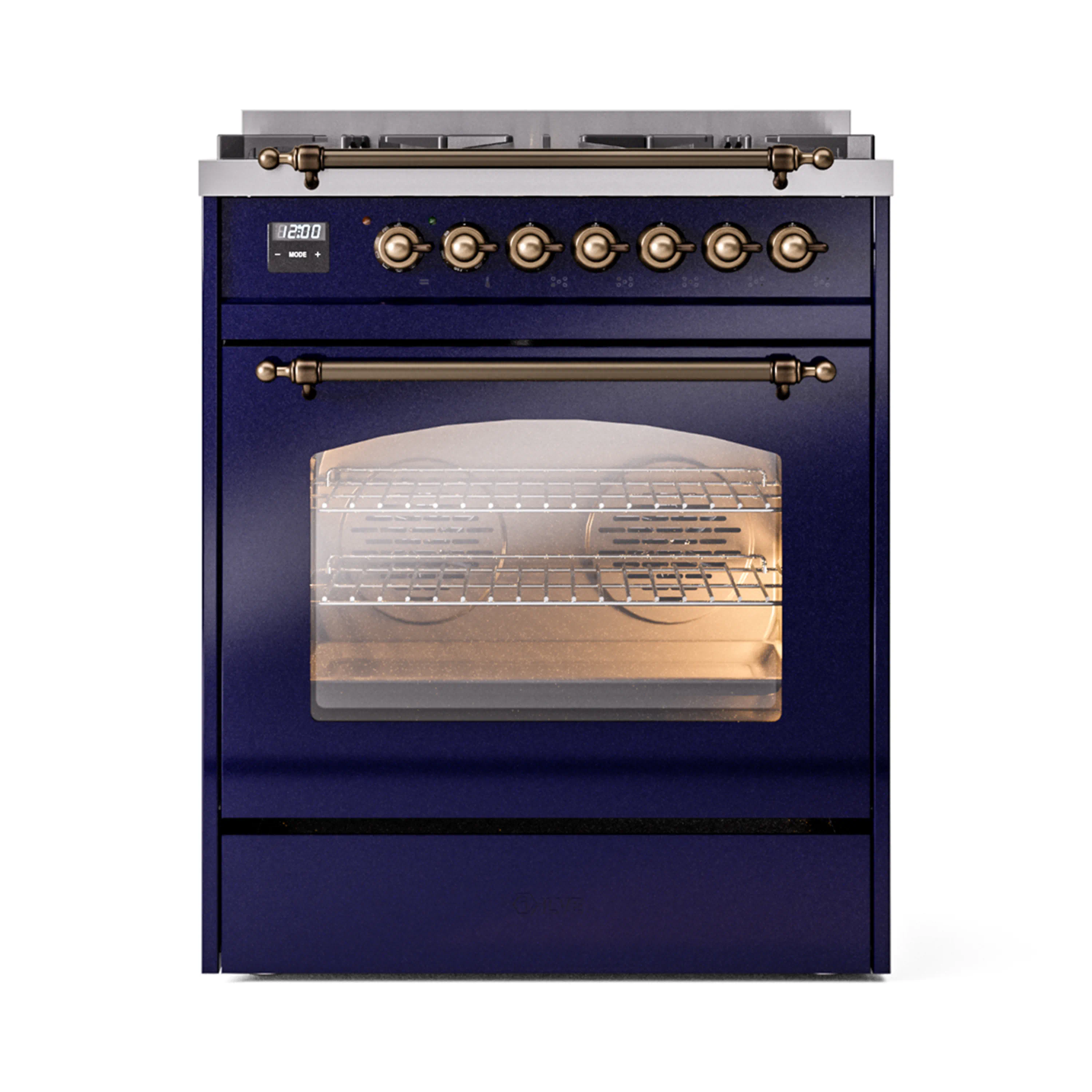 ILVE Nostalgie II 30-Inch Dual Fuel Freestanding Range in Midnight Blue with Bronze Trim (UP30NMPMBB)