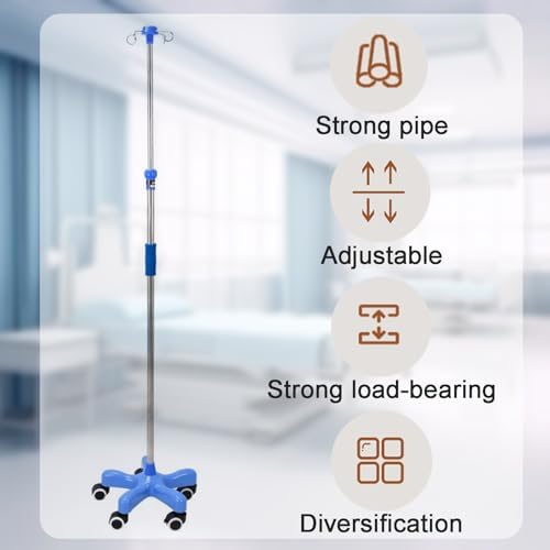 IV Pole with Wheels, Adjustable Height IV Stand, 5-Leg Rolling Bases, 4 Hooks, Stainless Steel, Medical Equipment for Home & Hospital Use