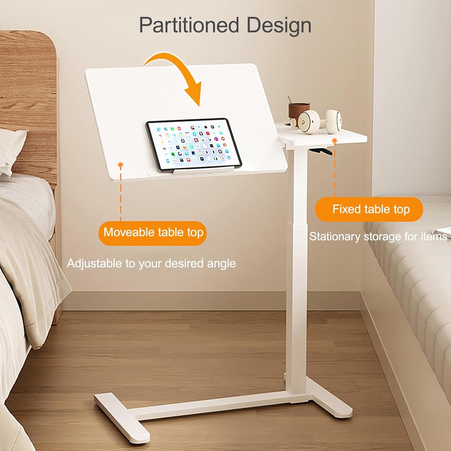 Overbed Table with Hidden Wheels and Height Adjustable, Standing Laptop Cart Over Bed Table with Baffle for Home Office and Hospital(White)