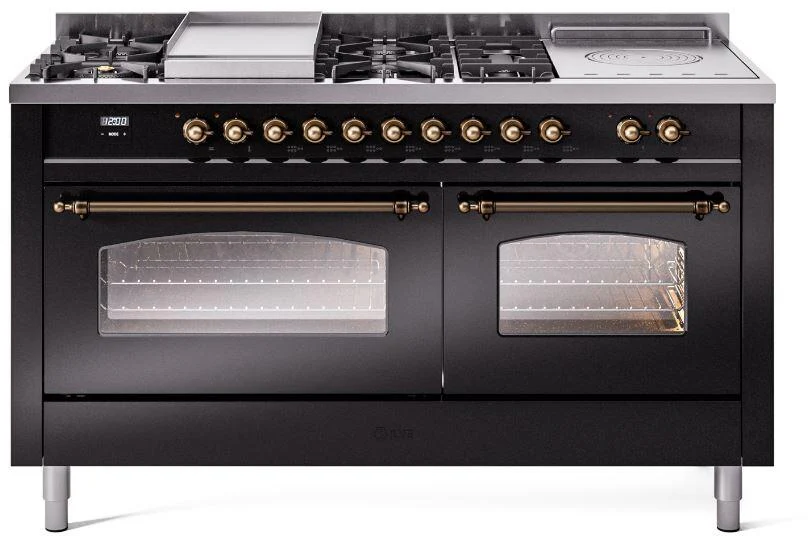 ILVE Nostalgie II 60-Inch Dual Fuel Range with 7 Burners, Griddle, & French Top with Triple Glass Door Oven in Glossy Black with Bronze Trim (UP60FSNMPBKB)