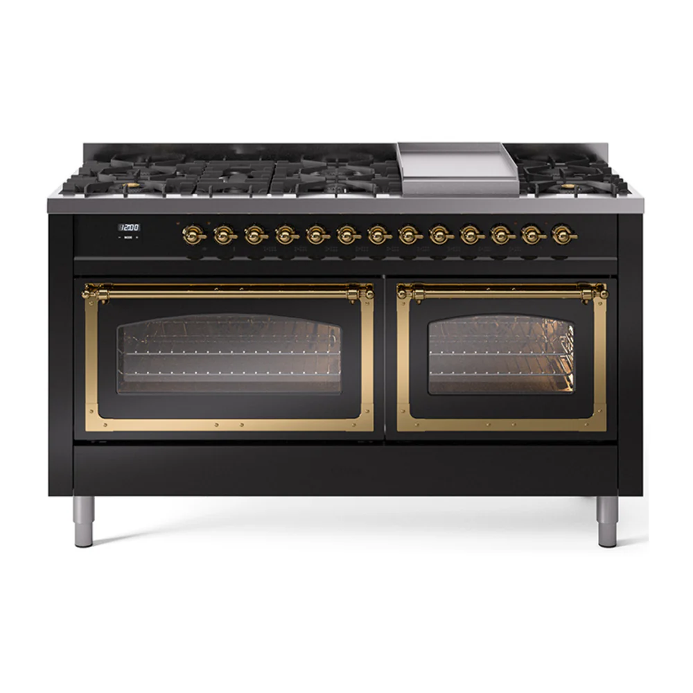ILVE 60-Inch Nostalgie II Noblesse Dual Fuel Range with 9 Sealed Burners, Griddle, Triple Glass Door Oven in Glossy Black with Brass Trim (UN60FNMPBKG)