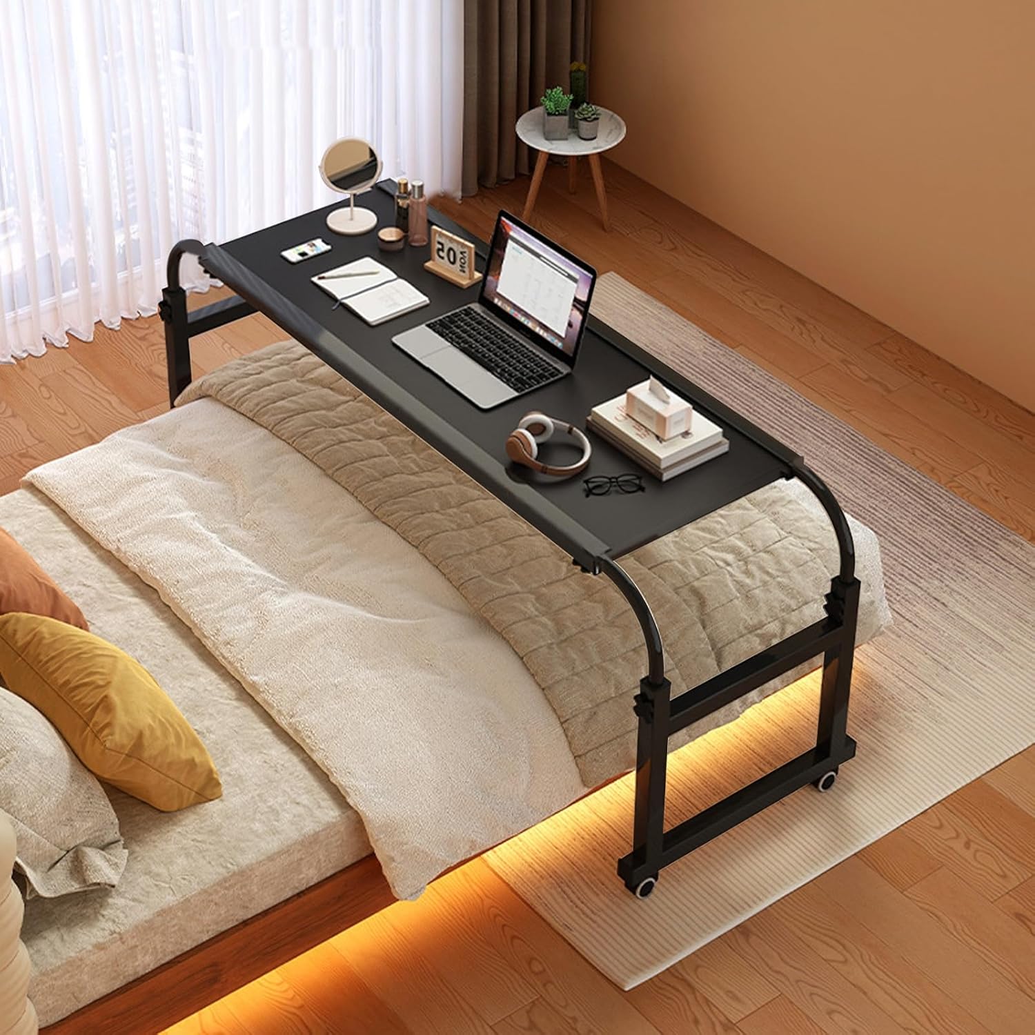 Overbed Desk, Overbed Table with Wheels, Rolling Desk Over Bed Adjustable Height, Queen Size Mobile Computer Desk, Over Bed Desk Rolling Medical Table, for Hospital and Home (Color : Black,