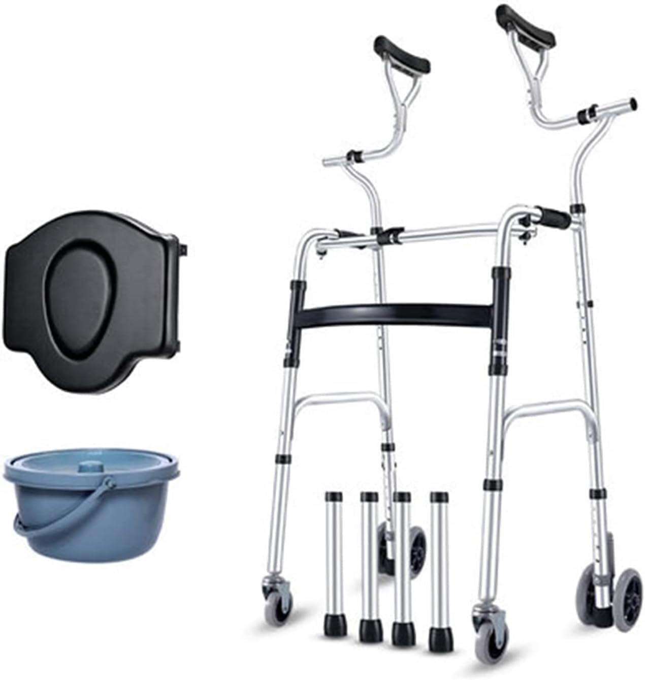 Folding Lightweight Aluminium Aluminum Alloy Walker with Toilet Barrel and with Armpit Support Walking Frame with 4 Wheels Height Adjustable Assisted Walker