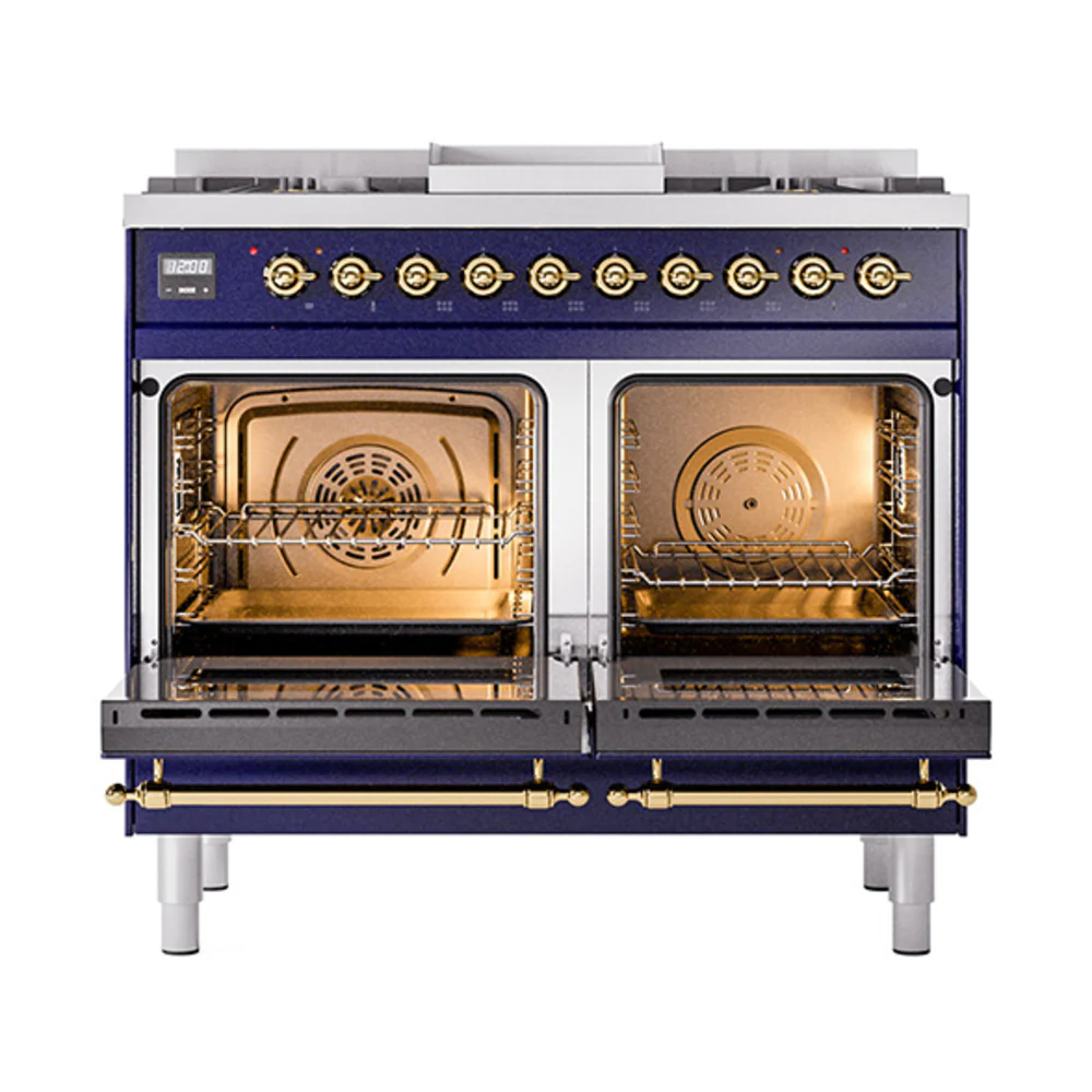ILVE 40-Inch Nostalgie II Dual Fuel Range with 6 Burners, Griddle and Solid Door Oven in Midnight Blue with Brass Trim (UPD40FQNMPMBG)