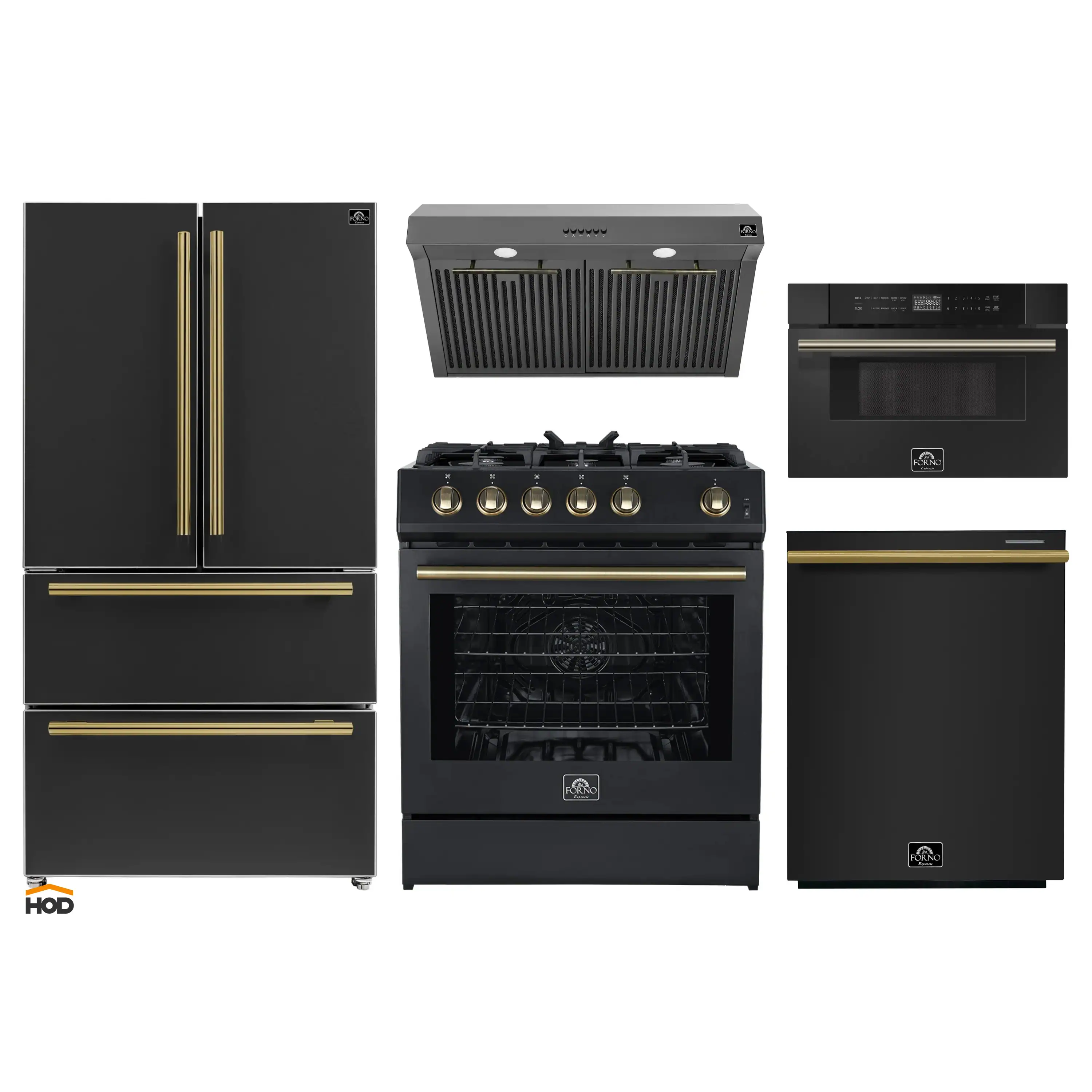 Forno 5-Piece Appliance Package - 30-Inch Gas Range, Under Cabinet Range Hood, Refrigerator, Dishwasher, and 30-Inch Microwave Drawer in Black with Antique Brass Trim