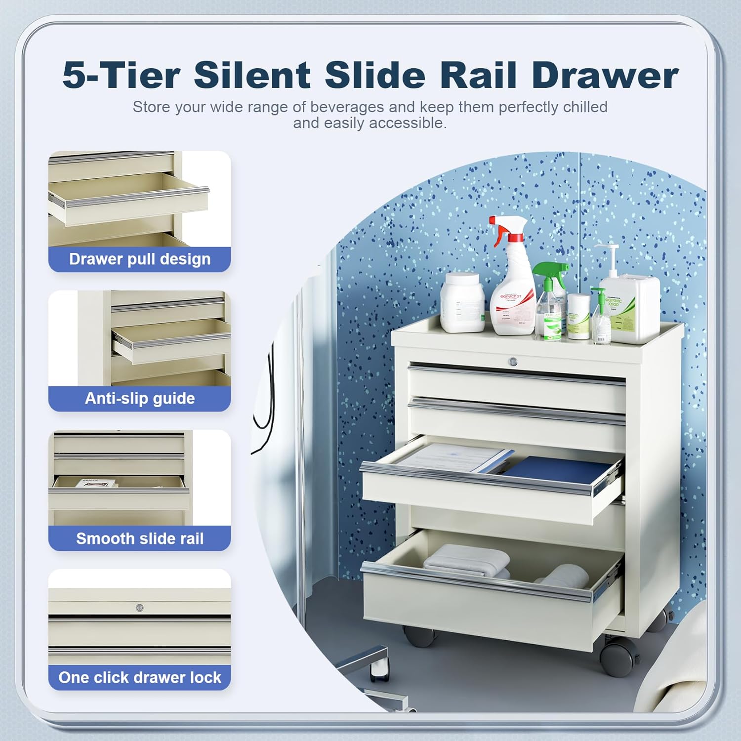 5 Drawers Mobile Medical Bedside Cart with 4 Wheels and Lock, Dental Assistant's Mobile Cabinet, Professional File Beauty Storage Utility Cart, for Hospital Office Bedroom Clinic
