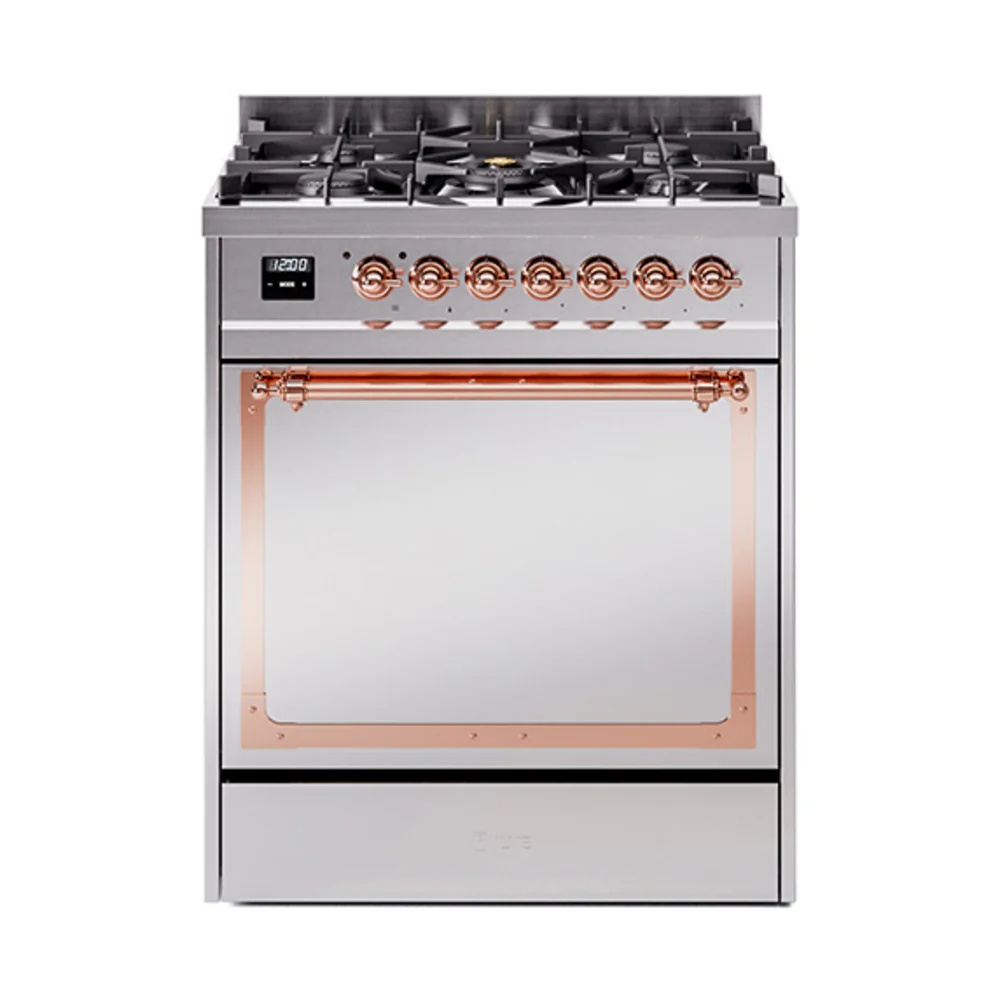 ILVE Nostalgie II Noblesse 30-Inch Dual Fuel Range with Solid Door in Stainless Steel with Copper Trim (UN30QNMPSSP)