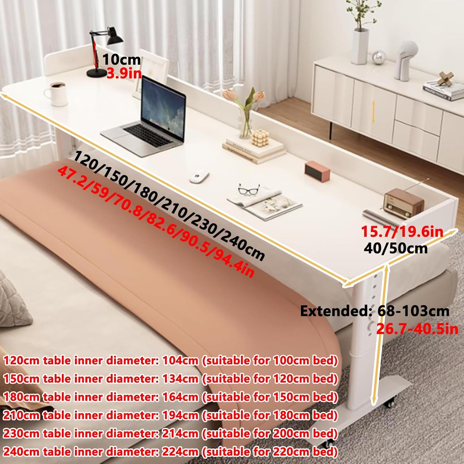 Adjustable Overbed Table with Wheels, Adjustable Height Rolling Tables, Laptop Desk Over Bed Tables with Baffle, Bed Desk for Hospital and Home Use(White,180x50cm/70.8x19.6in)
