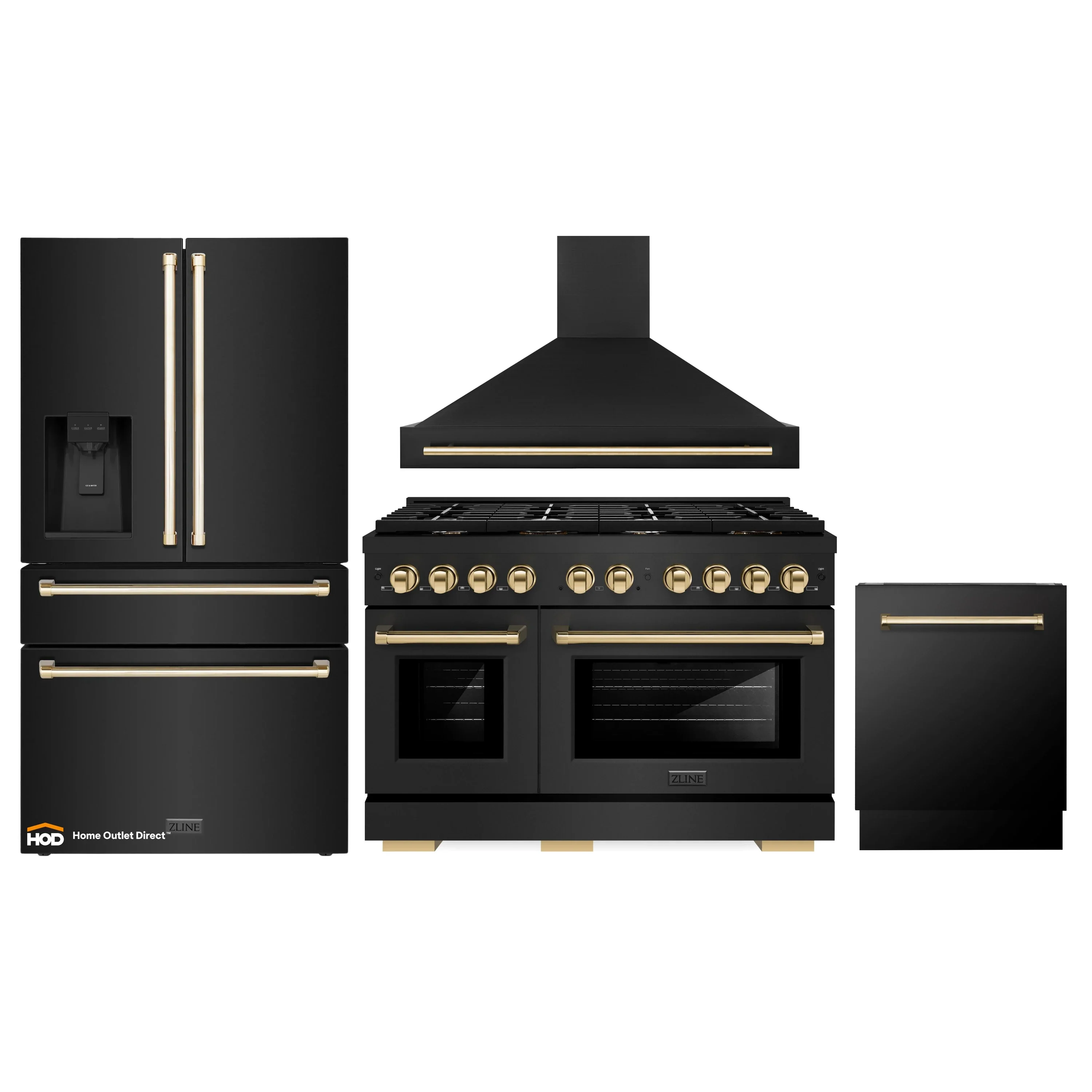 ZLINE Autograph Edition 4-Piece Appliance Package - 48-Inch Gas Range, Refrigerator with Water Dispenser, Wall Mounted Range Hood, & 24-Inch Tall Tub Dishwasher in Black Stainless Steel with Gold Trim (4KAPR-SGRBRHDWV48-G)