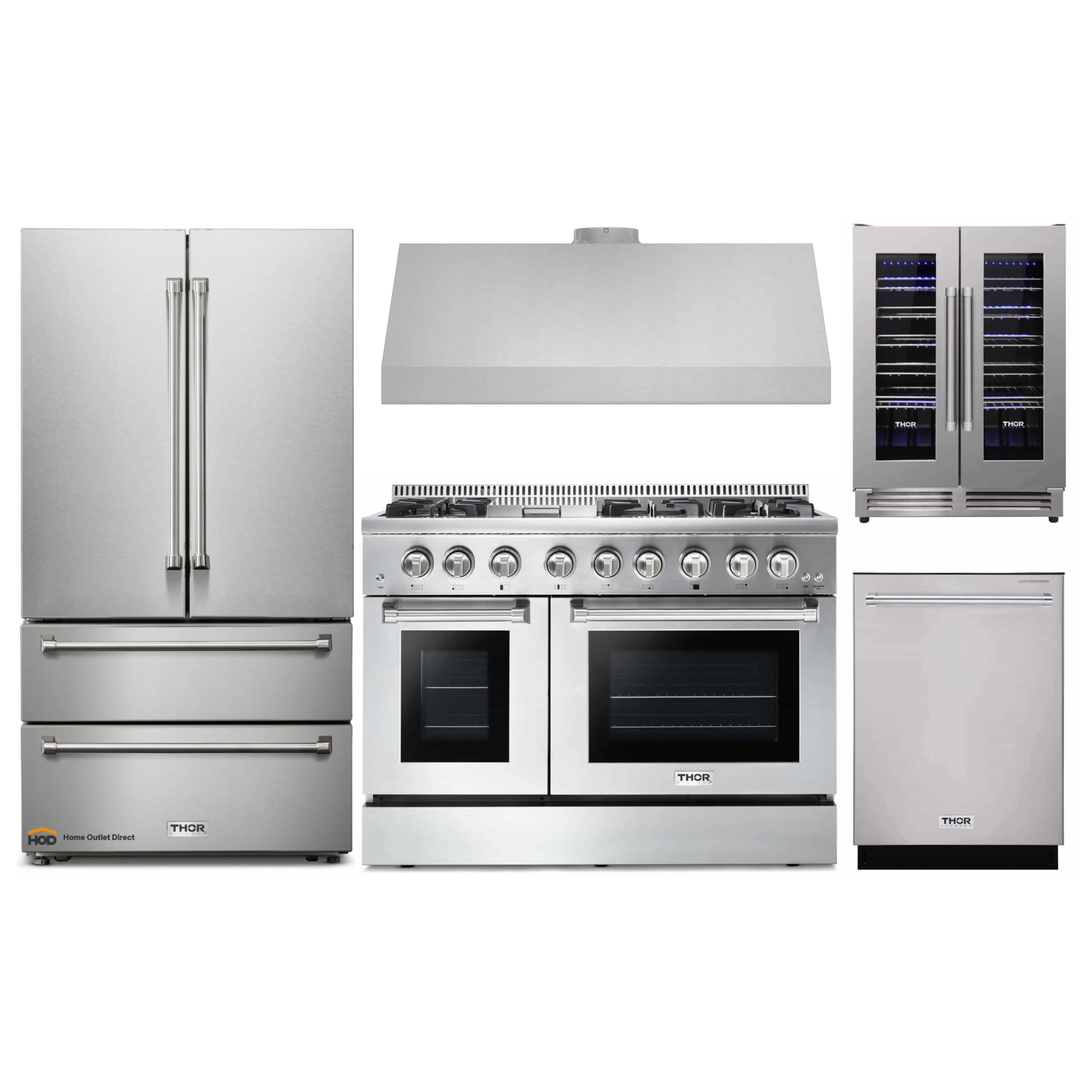 Thor Kitchen 5-Piece Pro Appliance Package - 48-Inch Dual Fuel Range, Under Cabinet 11-Inch Hood, French Door Refrigerator, Dishwasher, and Wine Cooler in Stainless Steel